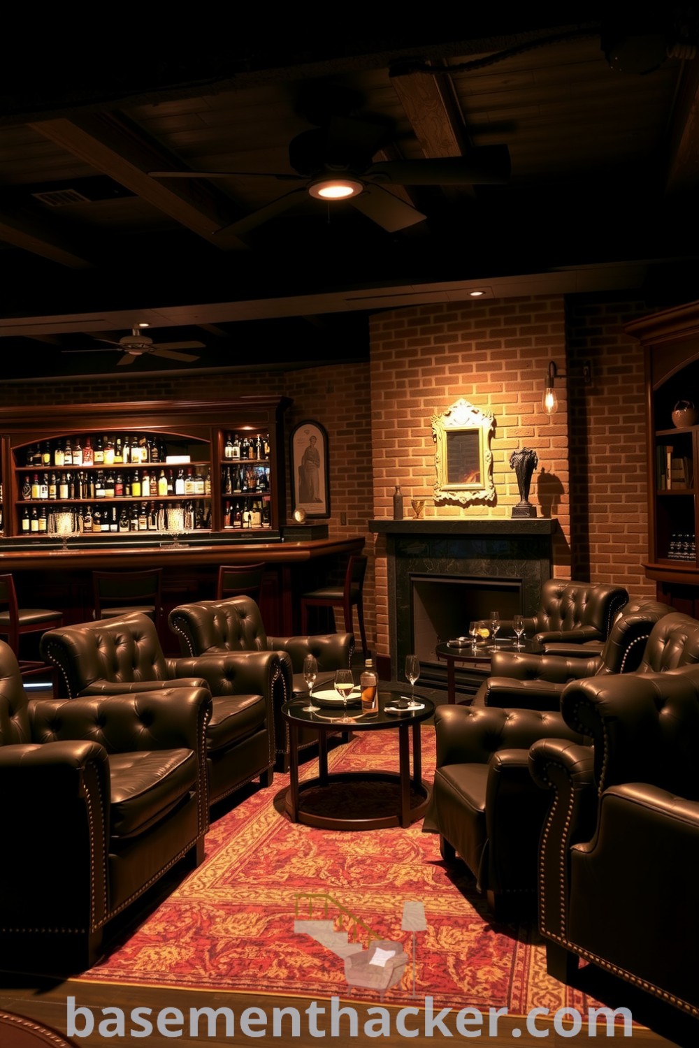 Luxurious basement whiskey lounge with leather armchairs, polished mahogany bar, exposed brick walls, and ambient lighting, ideal for a stylish and functional home design, featured on basementhacker.com.