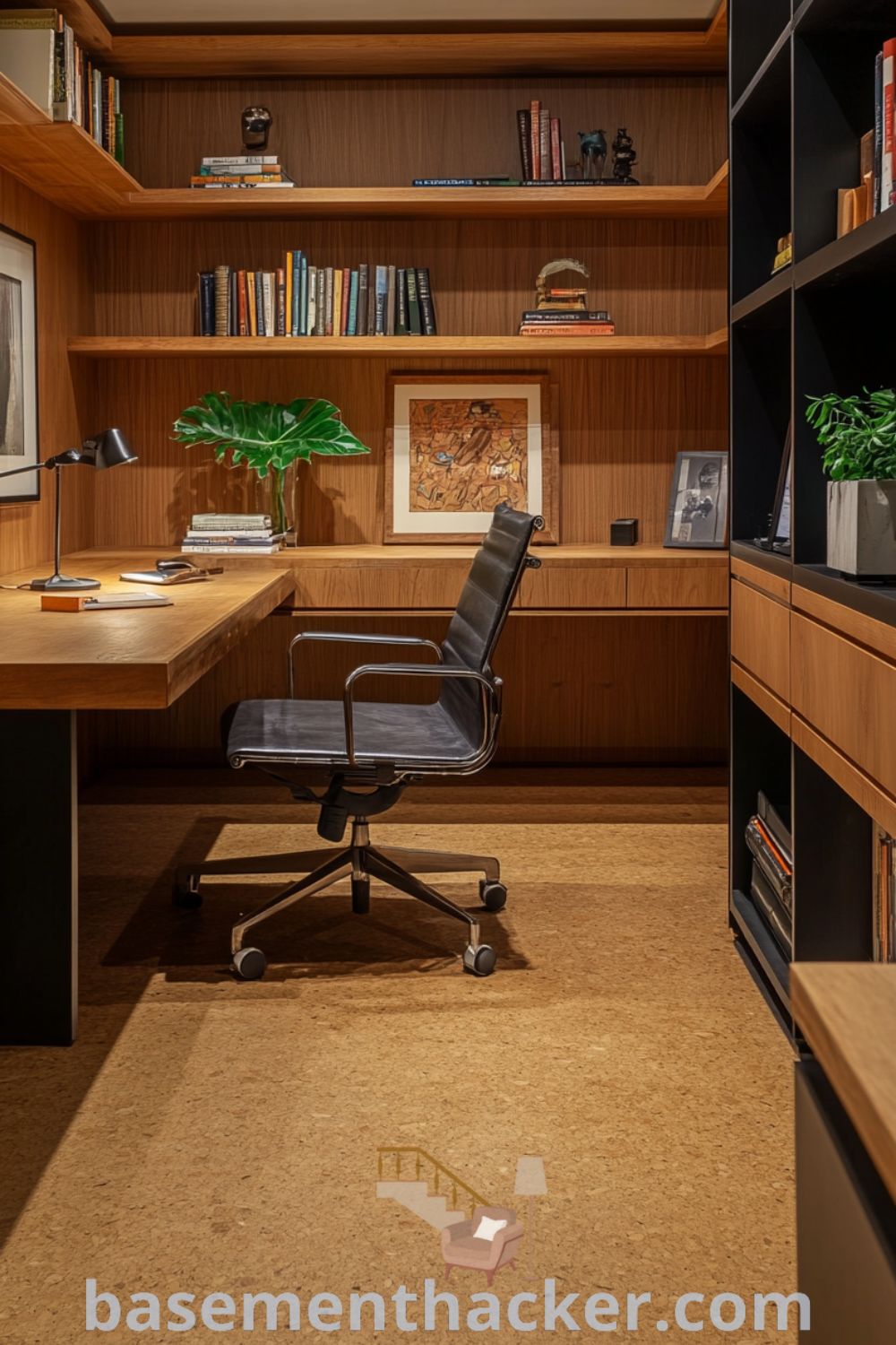 Modern basement office featuring a sleek wooden desk, ergonomic chair, warm-tone walls, and natural light, designed for creativity and focus, with innovative ideas for designing stylish and functional home spaces, showcased on basementhacker.com.