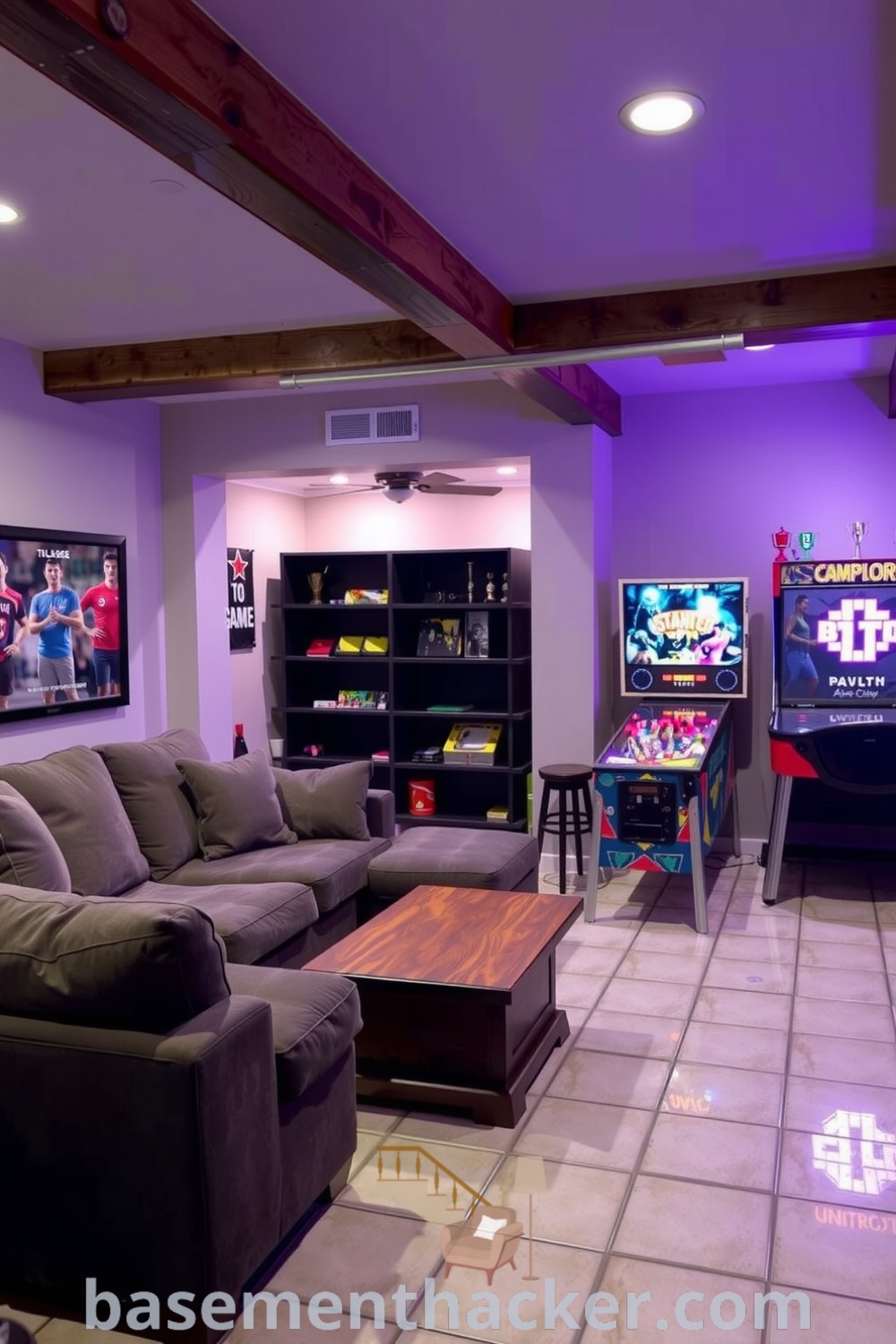 Stylish basement game room featuring a plush oversized couch, rustic reclaimed wood coffee table, classic pinball machine, and ambient lighting, ideal for ultimate entertaining, showcased on basementhacker.com.