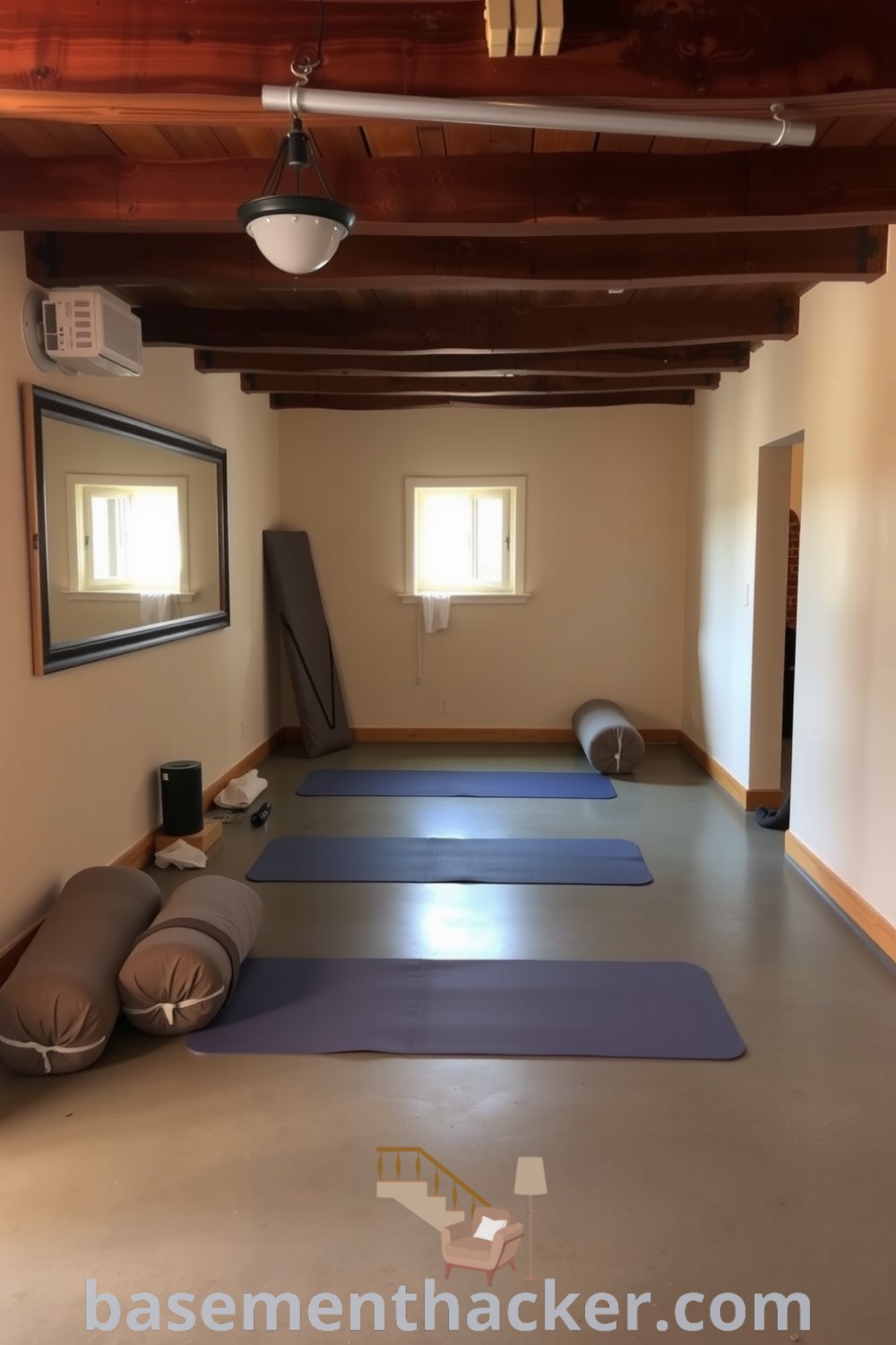 Warm and inviting basement yoga room featuring aged wooden beams, polished concrete floors, a large wall-mounted mirror, plush mats, and cushions, designed for relaxation and mindfulness, showcased on basementhacker.com.
