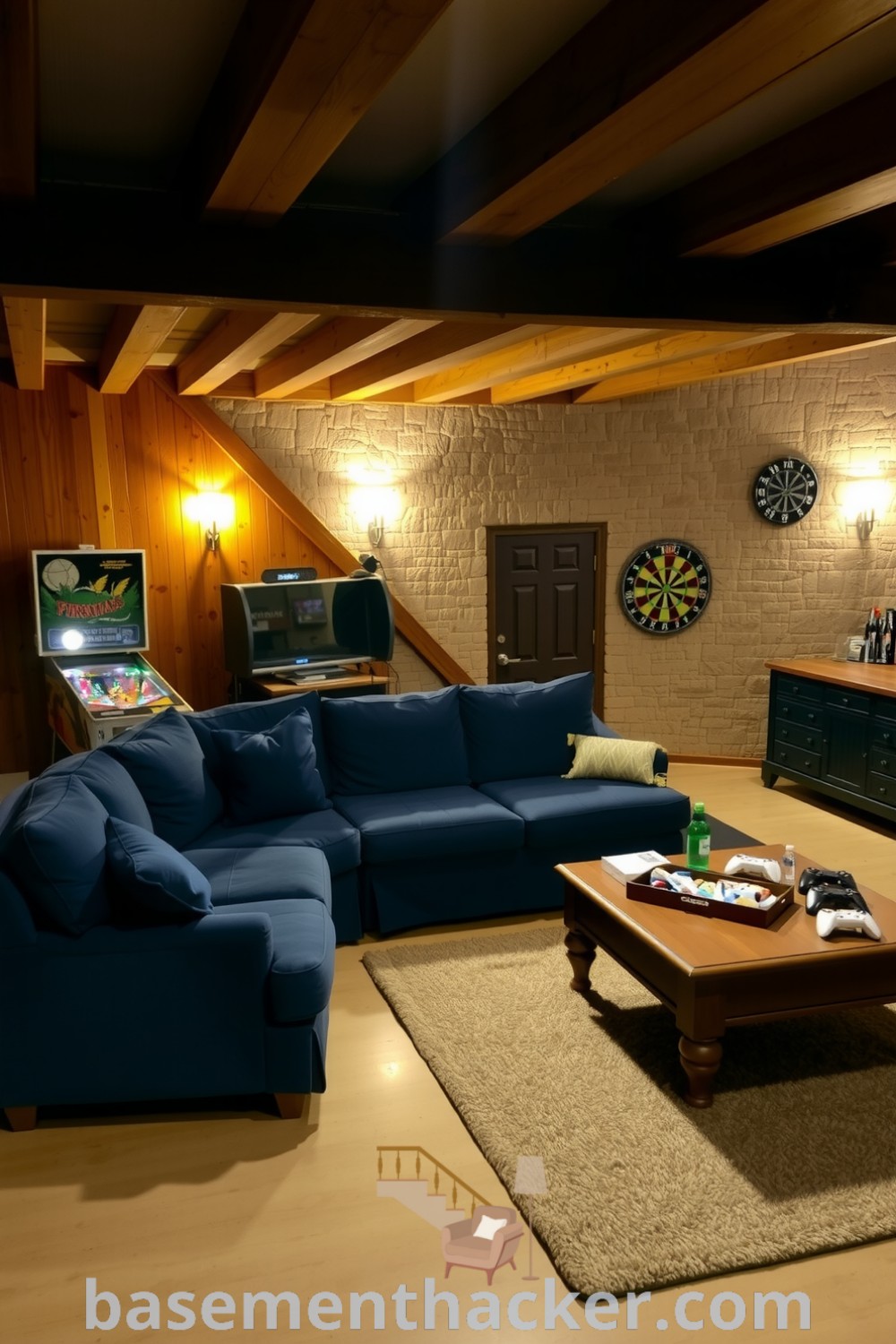 Rustic basement game room featuring exposed wooden beams, deep blue sectional, vintage pinball machine, and ornate dartboard, designed for ultimate entertaining, showcased on basementhacker.com.