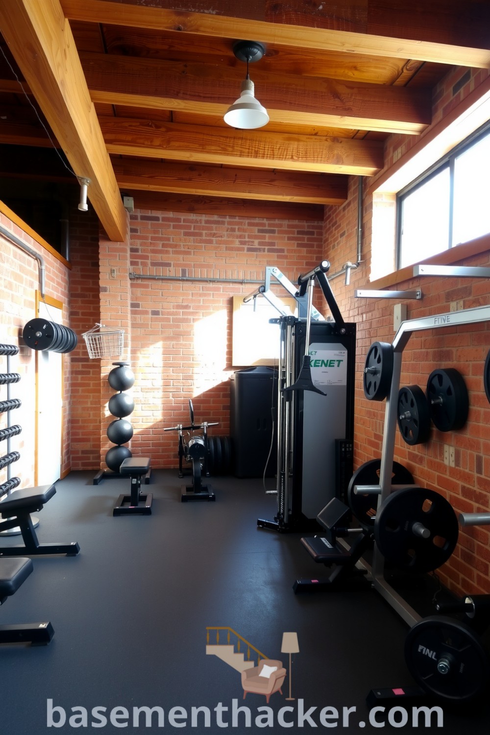 Cozy basement gym with exposed brick walls, wooden beams, and natural light, featuring free weights and exercise machines, ideal for stylish bonus space and ultimate entertaining, showcased on basementhacker.com.