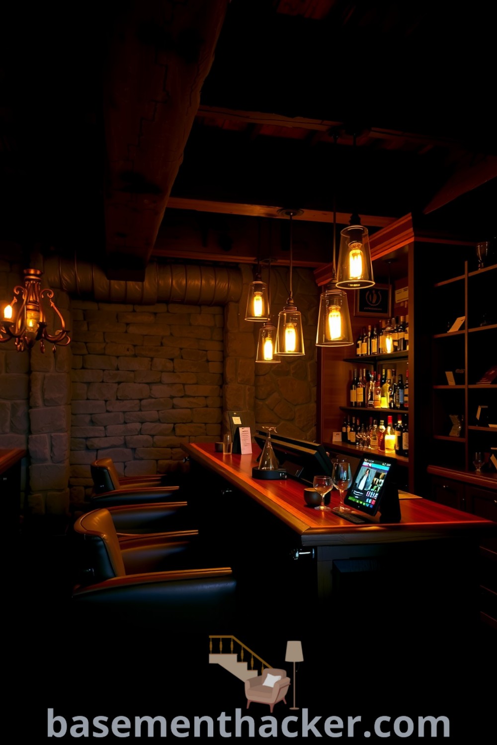 Stylish basement whiskey lounge bar featuring rough-hewn wooden beams, stone walls, eclectic whiskey bottles, and vintage pendant lights, ideal for intimate gatherings and cozy reflections, presented on basementhacker.com.