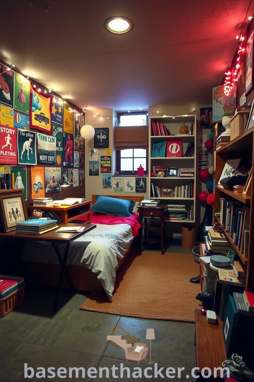 Cozy basement bedroom featuring colorful posters, fairy lights, a wooden desk with books and art supplies, and a soft rug, designed for a stylish and functional home, showcased on basementhacker.com.