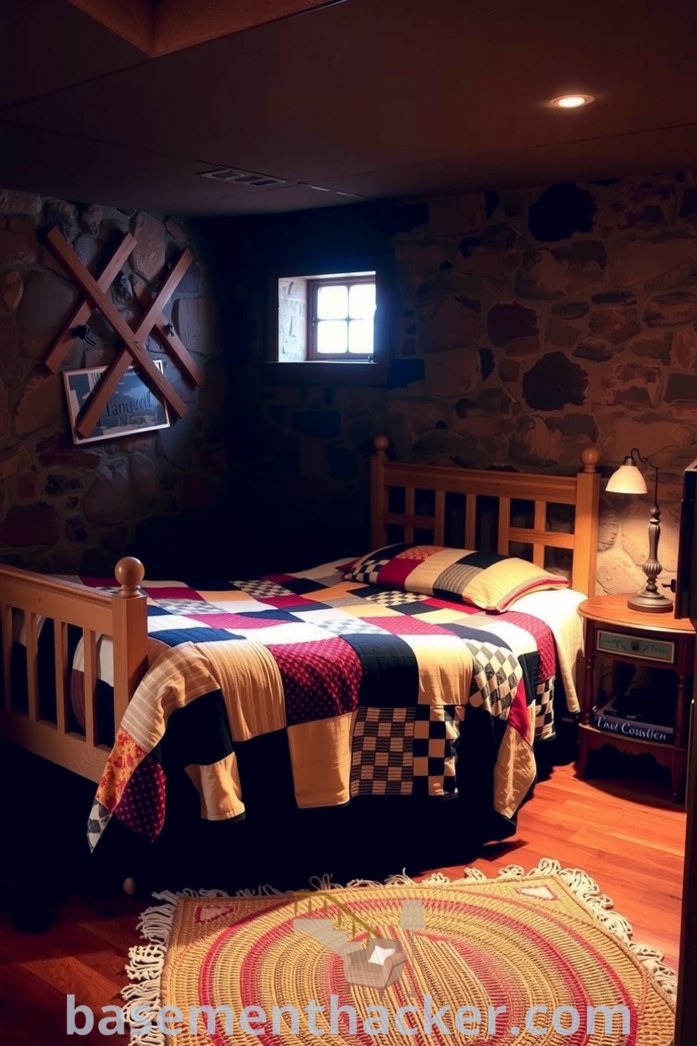 Cozy basement bedroom featuring a wooden bed with a patchwork quilt, stone walls illuminated by soft light, a vintage side table with a lamp, and a colorful woven rug, ideal for a stylish and functional home design, showcased on basementhacker.com.
