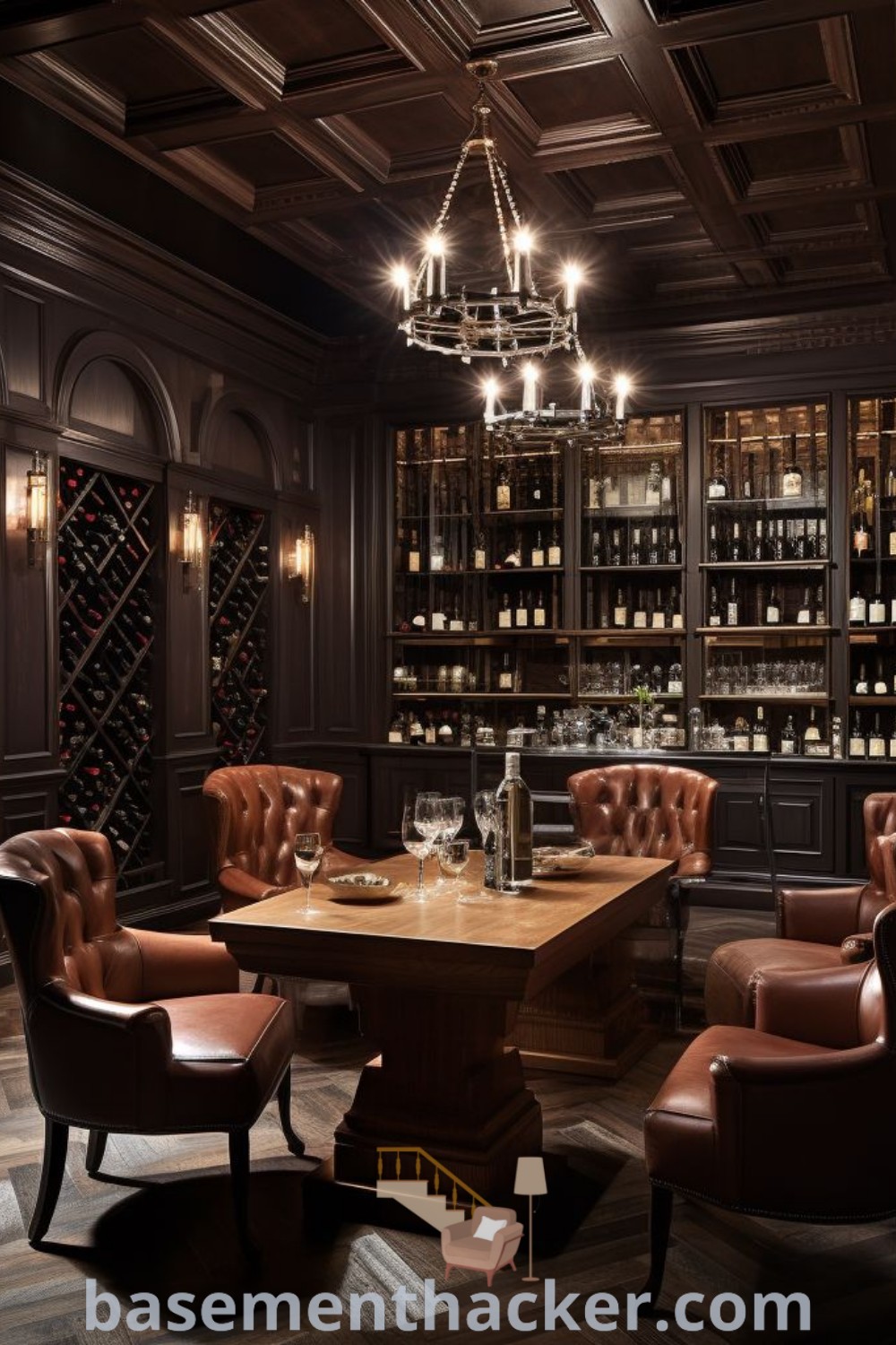 An elegant wine cellar featuring leather chairs and a chandelier, ideal for a stylish and functional home design. This speakeasy wine cellar offers innovative ideas for transforming a basement into a whiskey lounge, perfect for ultimate entertaining and providing unique design inspirations for your home at basementhacker.com.