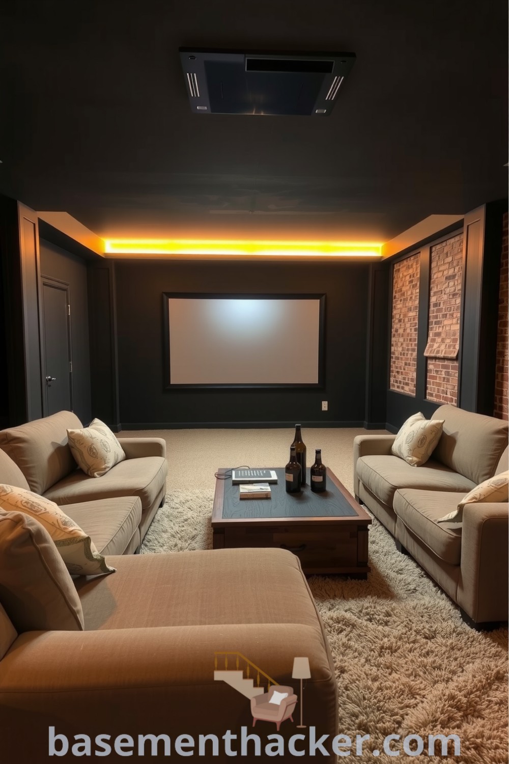 Inviting home theater basement with deep-hued walls, oversized sofa, wooden coffee table, warm ambient lights, exposed brick accents, and plush carpets, ideal for a cozy and entertaining space showcased on basementhacker.com.