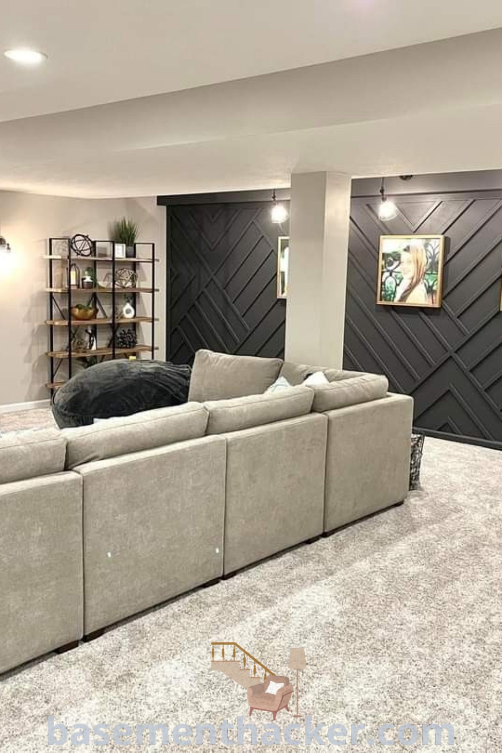 A beautifully decorated basement living room featuring modern furniture and a flat-screen TV, showcasing innovative basement makeover ideas for a stylish bonus space. Explore more functional and aesthetic designs at basementhacker.com.