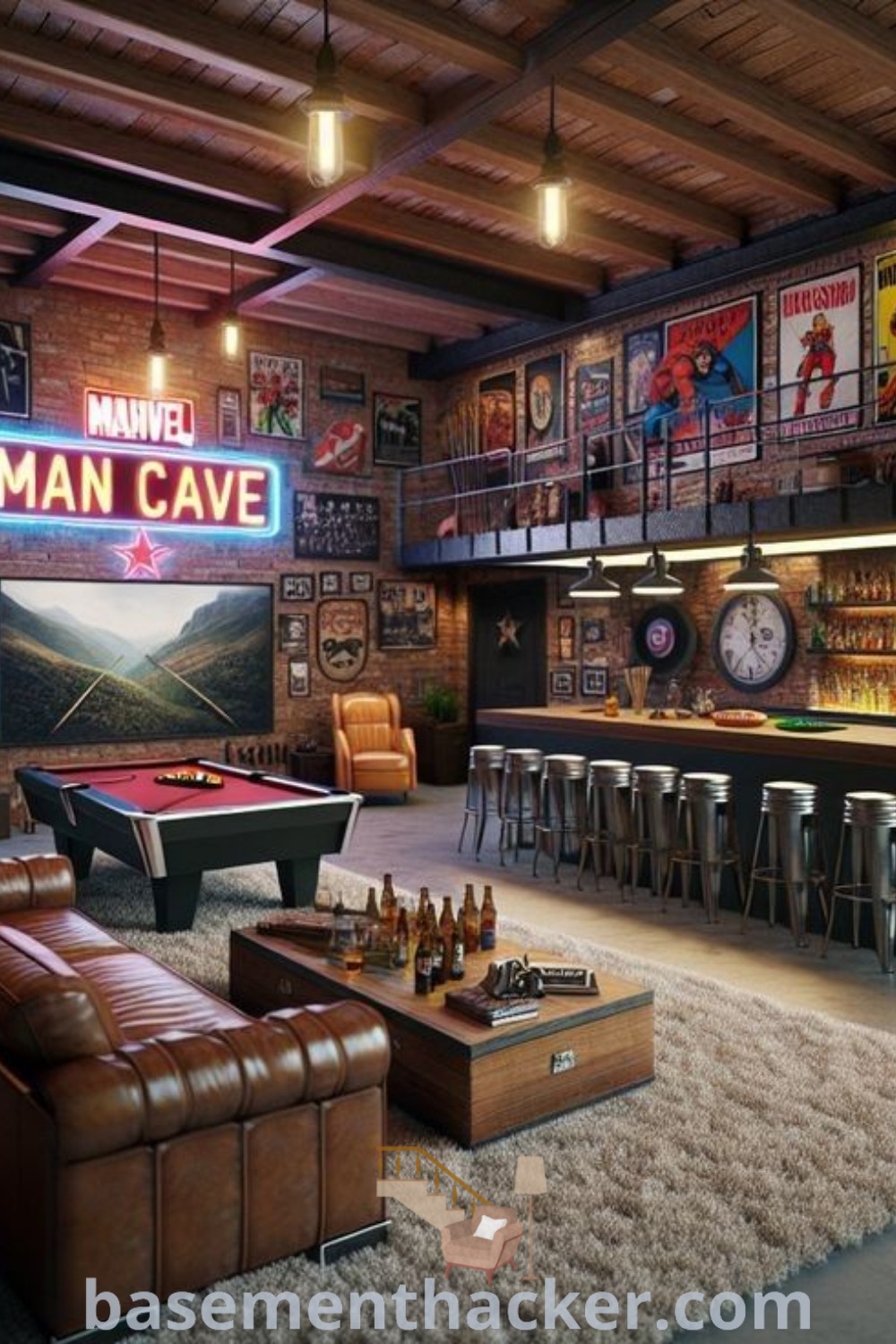 A cozy man cave with a pool table, comfortable couch, and stylish bar setup, showcasing innovative ideas for designing the ultimate garage sports cave. This space serves as the ideal foundation for a stylish and functional home design, encouraging family bonding and entertainment. Discover more ideas for your man cave at basementhacker.com.