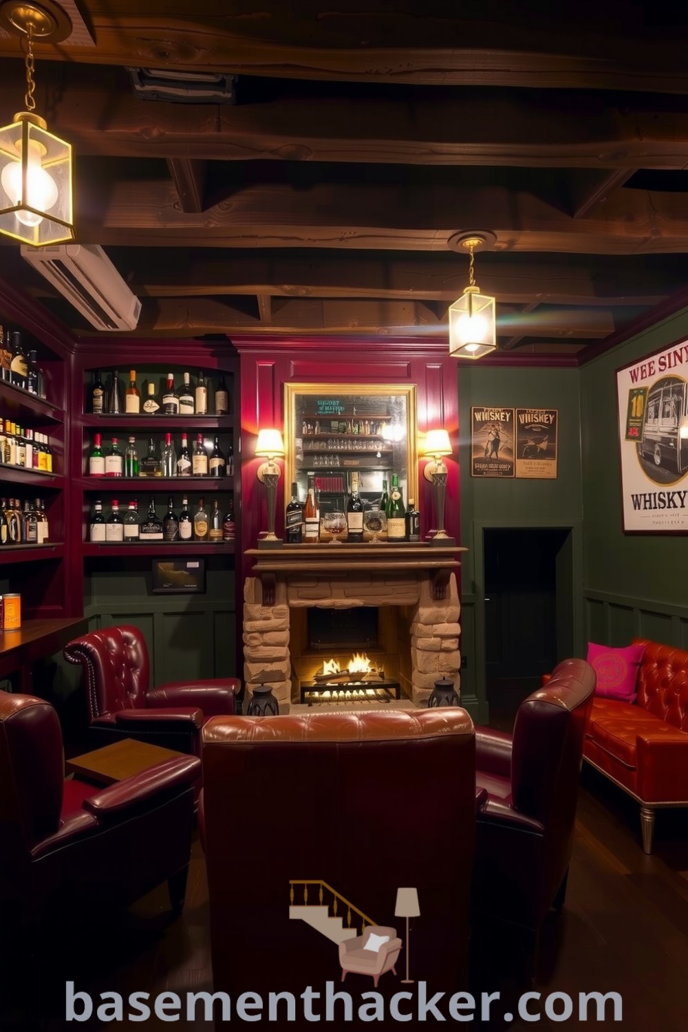 Basement whiskey lounge featuring warm wooden beams, glowing pendant lights, mahogany shelves with curated bottles, plush leather armchairs, a stone fireplace, and vintage decor ideas for a stylish and cozy home design showcased on basementhacker.com.