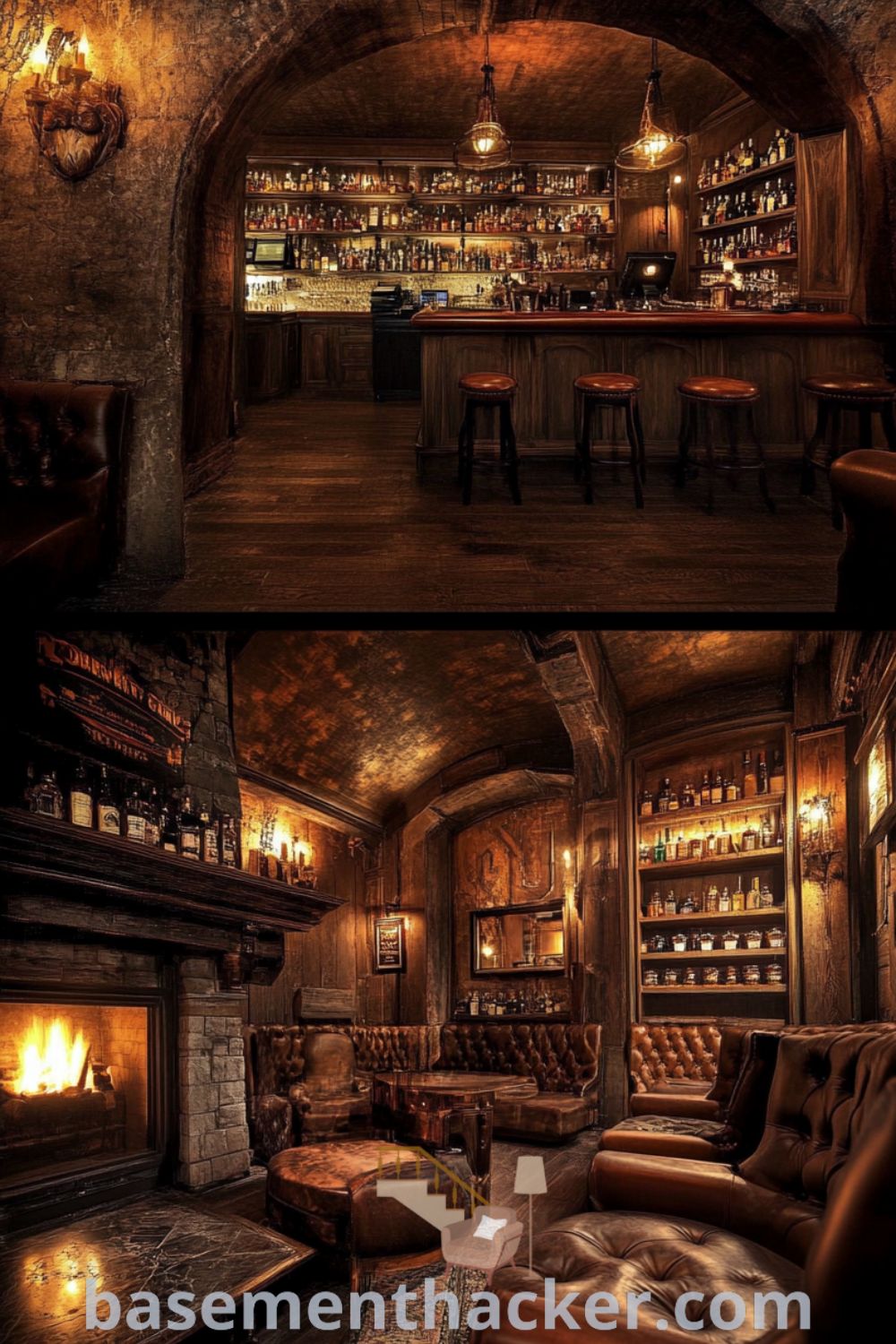 Cozy basement whiskey lounge featuring warm wood paneling, plush leather chairs, a stone bar with whiskey bottles, and soft amber lighting, ideal for ultimate entertaining and stylish bonus space ideas, showcased on basementhacker.com.