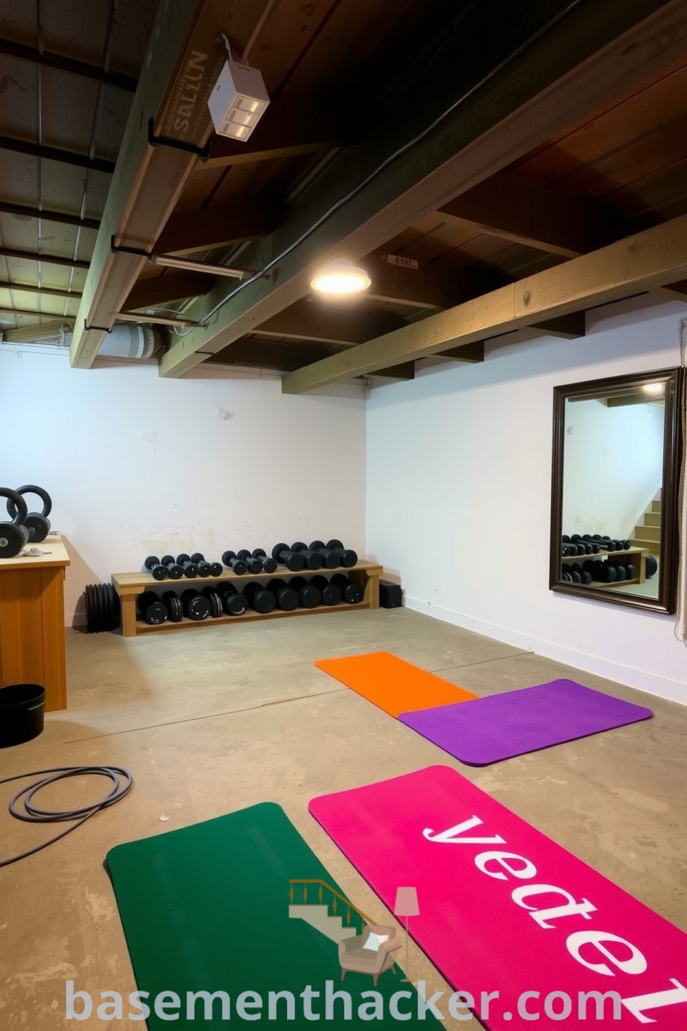 Rustic basement gym featuring wooden beams, vibrant workout mats, free weights, and a large mirror, creating a stylish and functional home design, highlighted on basementhacker.com.