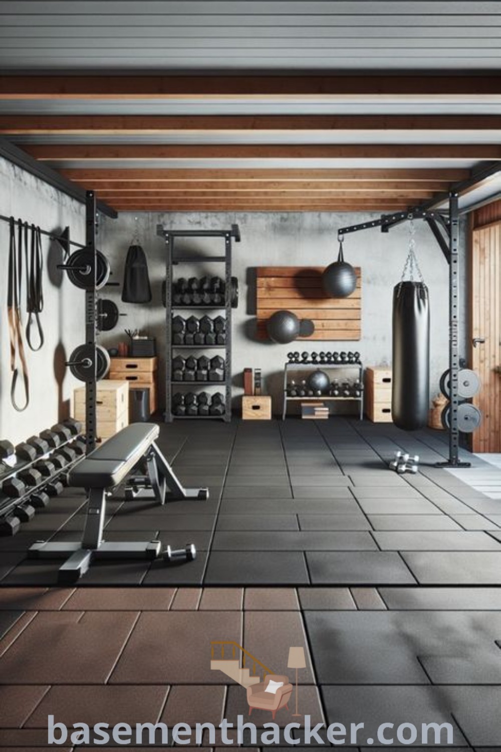 An empty gym room featuring rows of exercise equipment and weights on the floor, showcasing innovative ideas for designing a Container Gym, Garage Gym Design, or Home Gym Basement. This space presents endless potential for personalization and functionality. Discover more ideas for creating your dream gym at basementhacker.com.