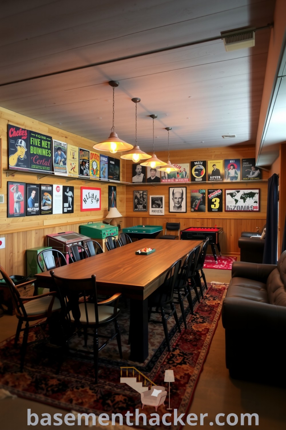 Cozy basement game room featuring a teak dining table, mismatched chairs, vintage decor, plush rugs, and warm lighting for ultimate entertaining, showcased on basementhacker.com.