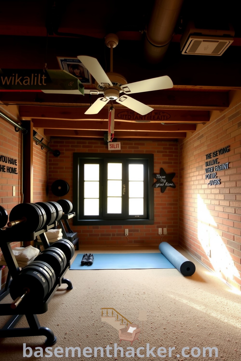 Inviting home gym in a basement with exposed brick walls, wooden beams, free weights on a rack, a yoga mat in sunlight, and motivational quotes, providing innovative basement makeover ideas for a stylish and functional home design, featured on basementhacker.com.