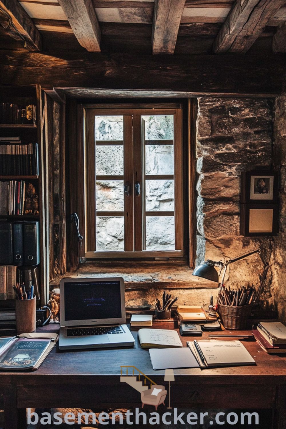 Warm and inviting basement office featuring rustic wooden beams, an oak desk, vintage lighting, and exposed stone walls, perfect for creating a stylish and functional home design, showcased on basementhacker.com.