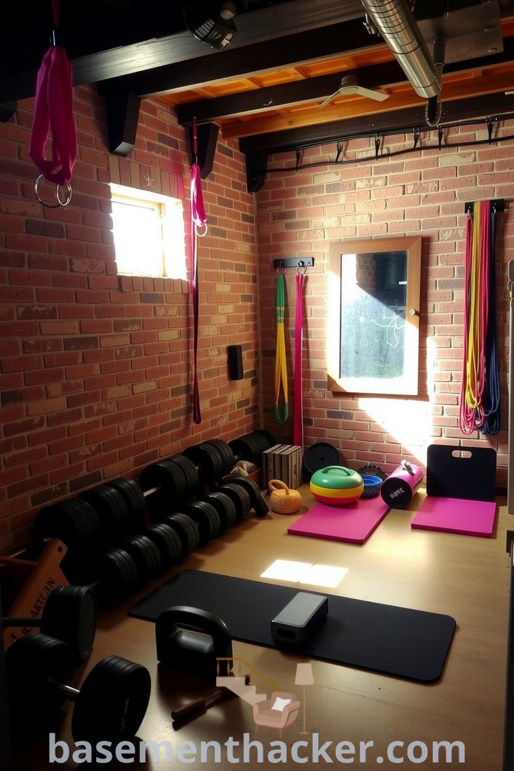 Warm basement gym with exposed brick walls, sunlight, polished concrete floor, weights, exercise mats, and colorful resistance bands, featured on basementhacker.com. Ideas for a Stylish & Functional Home Design, for Remodeling, and Innovative Ideas for Designing a Cozy and Organized Home.