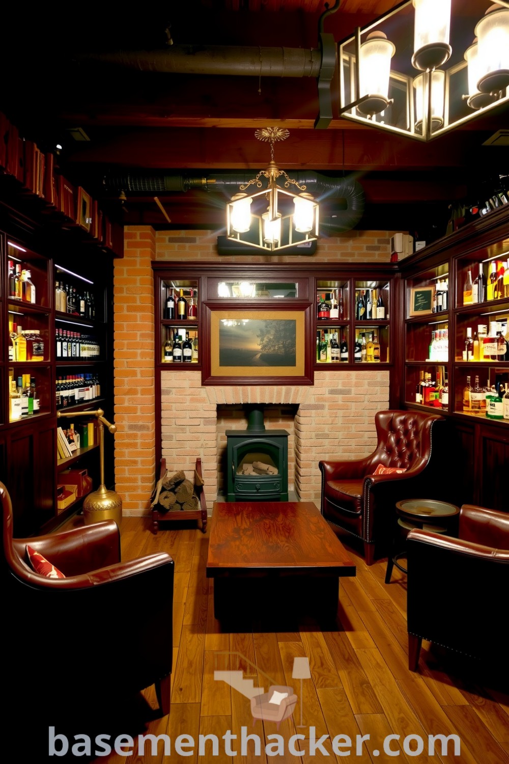 Elegant whiskey lounge in a basement with leather chairs, a wooden table, exposed brick walls, a fireplace, and vintage lighting, ideal for a stylish bonus space, showcased on basementhacker.com.