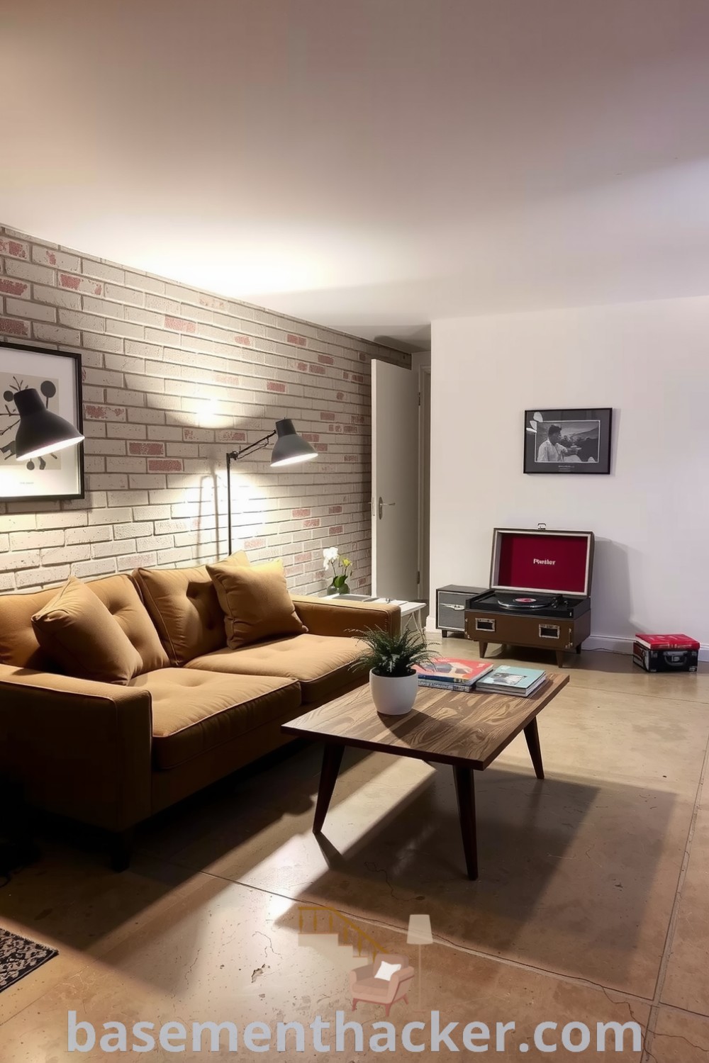 Stylish mid-century modern basement living room with a tufted sofa, wooden coffee table, retro lamps, and a vintage record player, perfect for ultimate entertaining and innovative basement makeover ideas, featured on basementhacker.com.