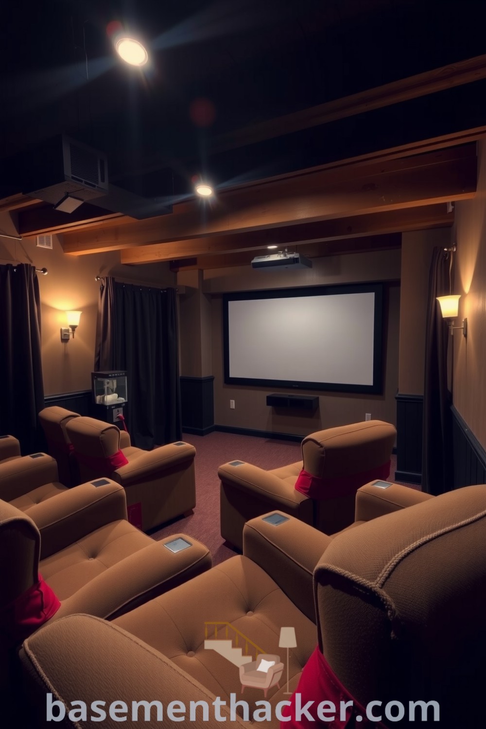 Snug basement cinema room featuring oversized recliners, a large projection screen, warm sconces, and a nostalgic popcorn maker for ultimate entertaining, presented on basementhacker.com.
