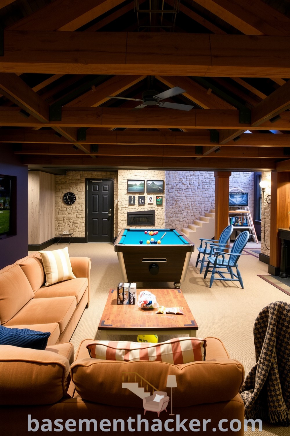 Welcoming basement game room featuring rustic stone walls, exposed wooden beams, a plush couch, vintage pool table, and a low coffee table with snacks, designed for ultimate entertaining, showcased on basementhacker.com.