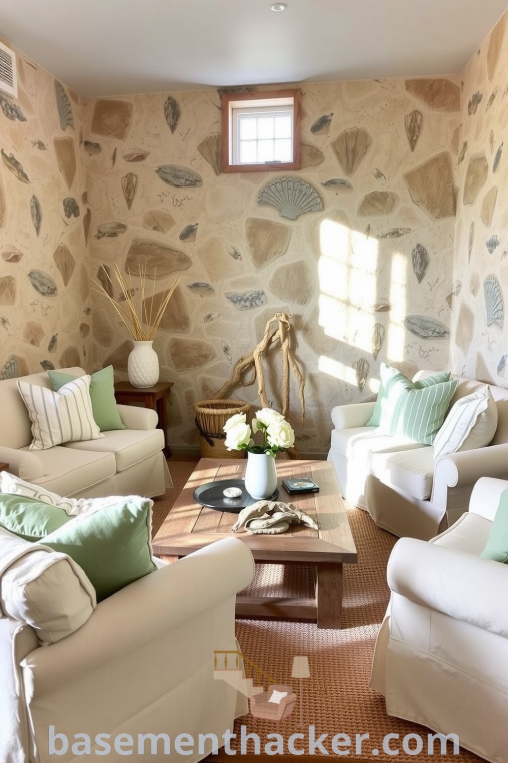 Cozy coastal basement living room with weathered wooden coffee table, plush sofas, seashell decor, and a woven rug, designed for a stylish and organized home, showcased on basementhacker.com.