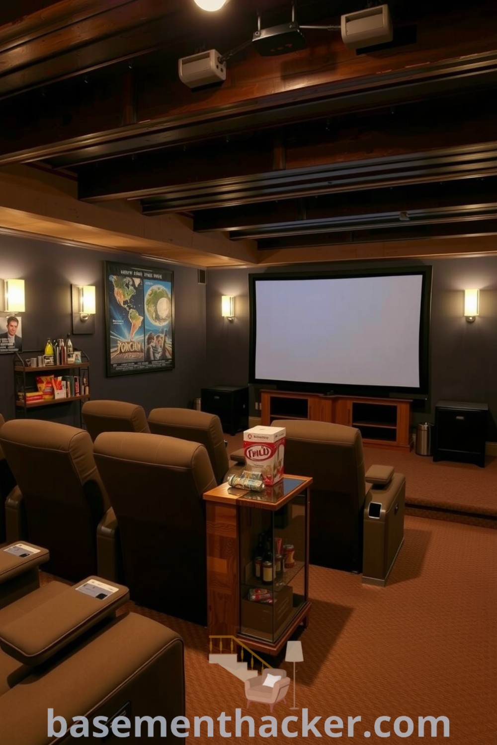 Intimate basement cinema room featuring oversized recliners, a large screen, rustic wooden beams, and a charming popcorn bar, perfect for ultimate entertaining, showcased on basementhacker.com.