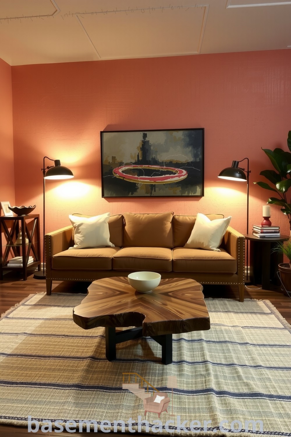 Stylish Mid-Century Modern basement living room with an earth-toned sofa, unique coffee table, vintage lamps, and indoor plants, showcasing ideas for a cozy and organized home, featured on basementhacker.com.