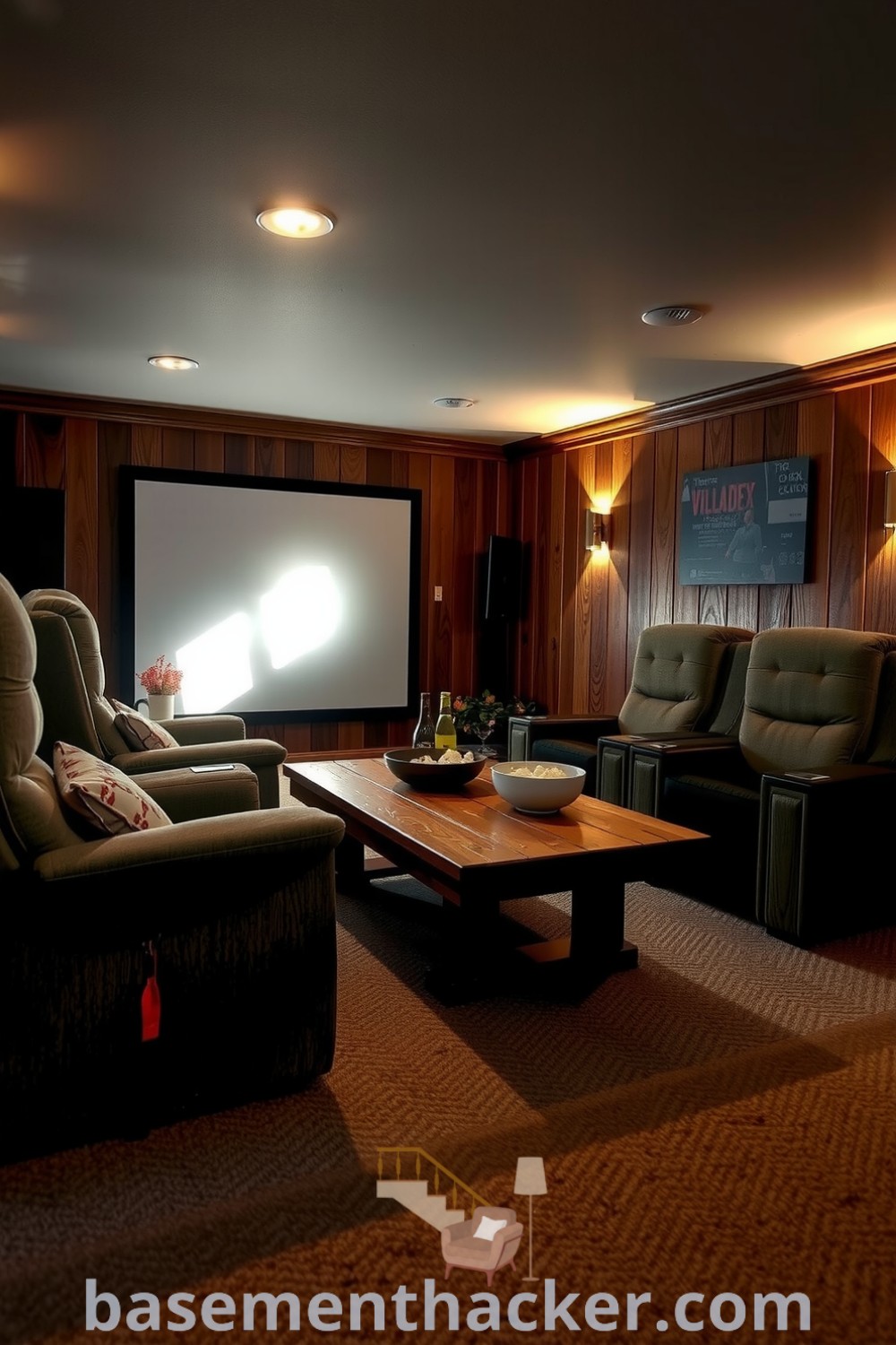 Cozy basement cinema room featuring plush recliners, a large projection screen, rustic coffee table with popcorn, and warm lighting, ideal for family film nights and showcased on basementhacker.com.