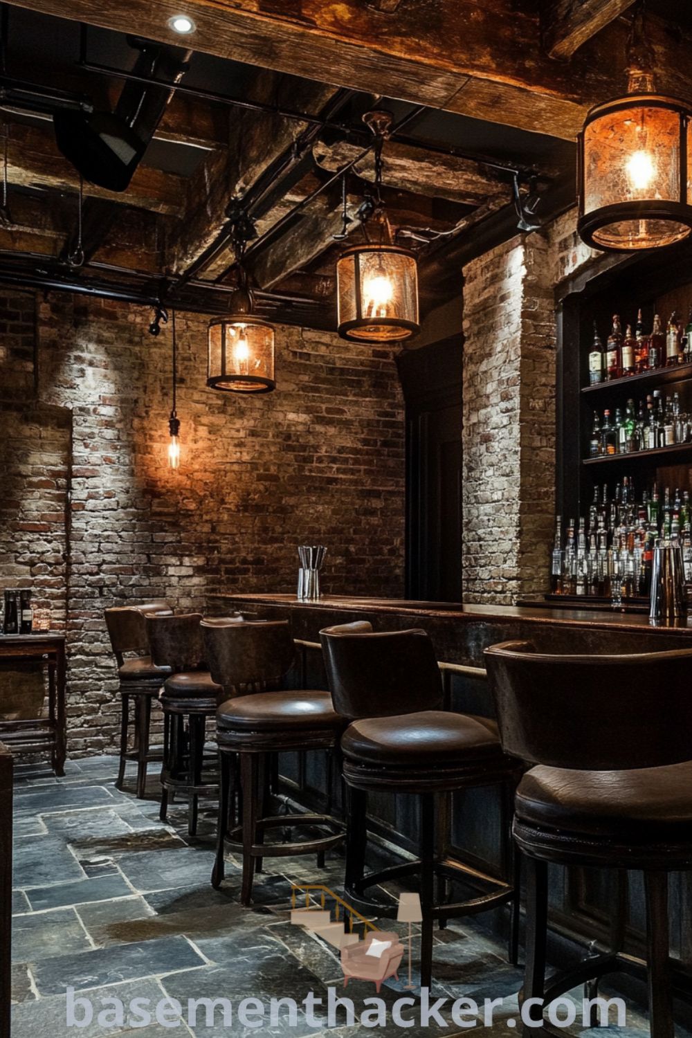 Stylish rustic whiskey lounge with exposed brick walls, distressed wooden beams, leather chairs, and a reclaimed wood bar, highlighting vintage decor for ultimate entertaining, showcased on basementhacker.com.