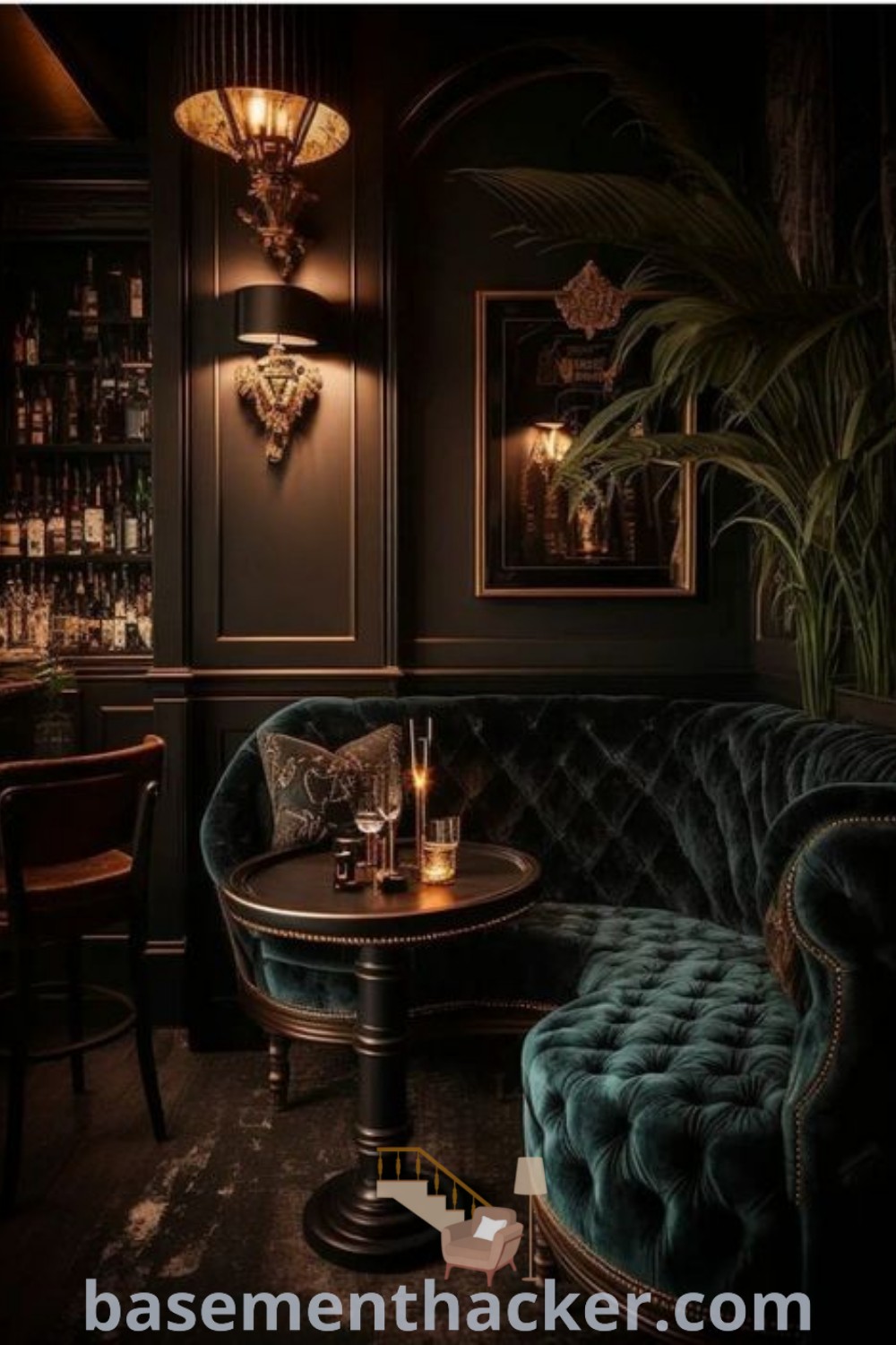 A dark, vintage-inspired pub interior design featuring two couches, a table in front of a bar area, showcasing cozy bar lounge aesthetics and innovative ideas for designing a moody home bar. The perfect setting for stylish bonus room design ideas, offering unique concepts for remodeling your home. Explore more design inspirations at basementhacker.com.