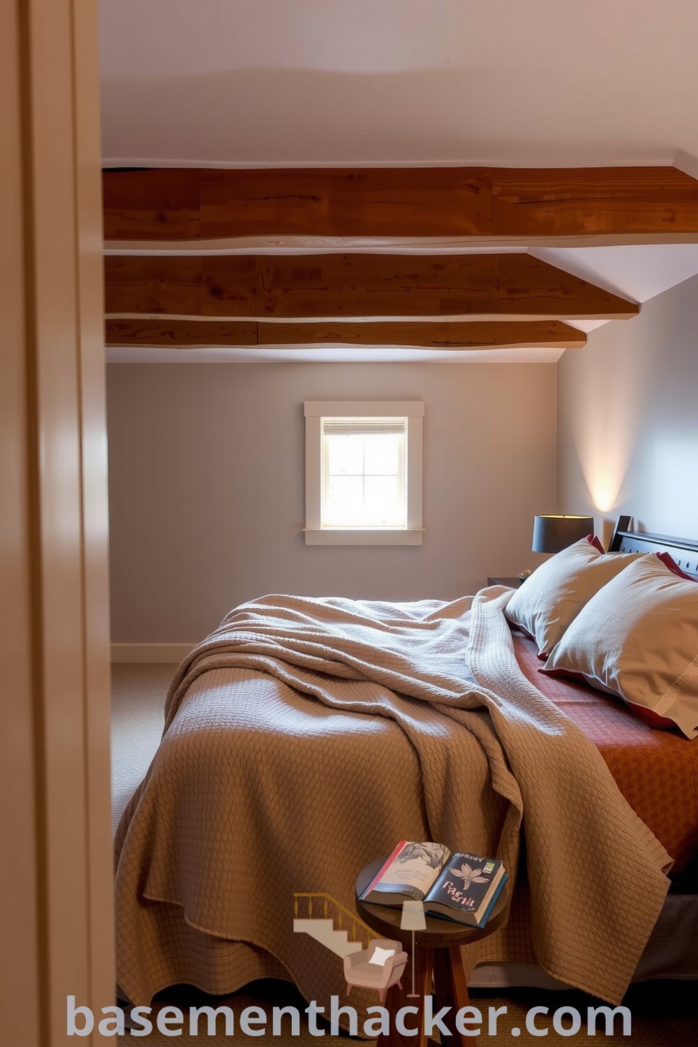 Serene master basement bedroom with wooden beams, beige walls, oversized bed, rustic nightstand, and warm lighting, featuring design ideas for a cozy and organized home showcased on basementhacker.com.