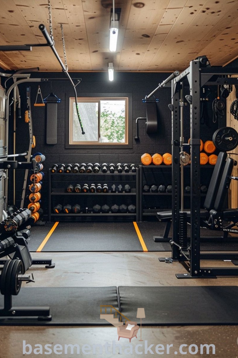 A home gym filled with workout equipment and bright orange balls on the floor, perfect for personal gym room designs. Discover innovative ideas for creating stylish and functional garage gym layouts at basementhacker.com.