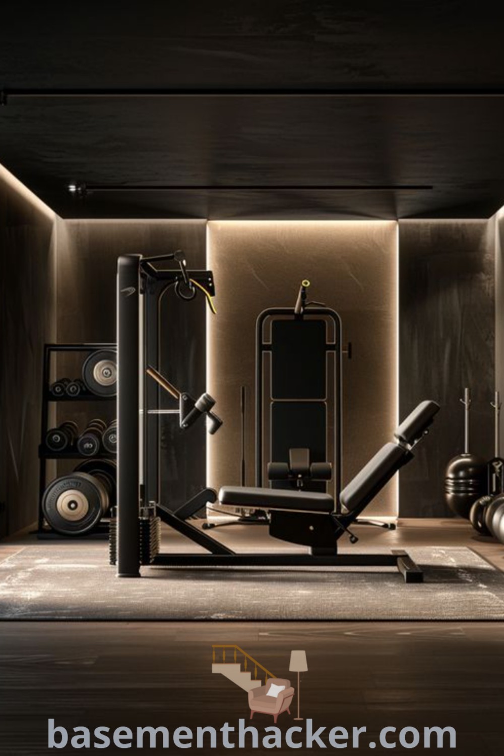 An empty gym with Pilates equipment in the background, stylish lighting on either side, and a clean, functional layout. Ideal for home gym must-haves and luxury gym inspiration, this scene embodies innovative ideas for designing a cozy and organized home and offers gym lighting tips for ultimate comfort. For more ideas, visit basementhacker.com.