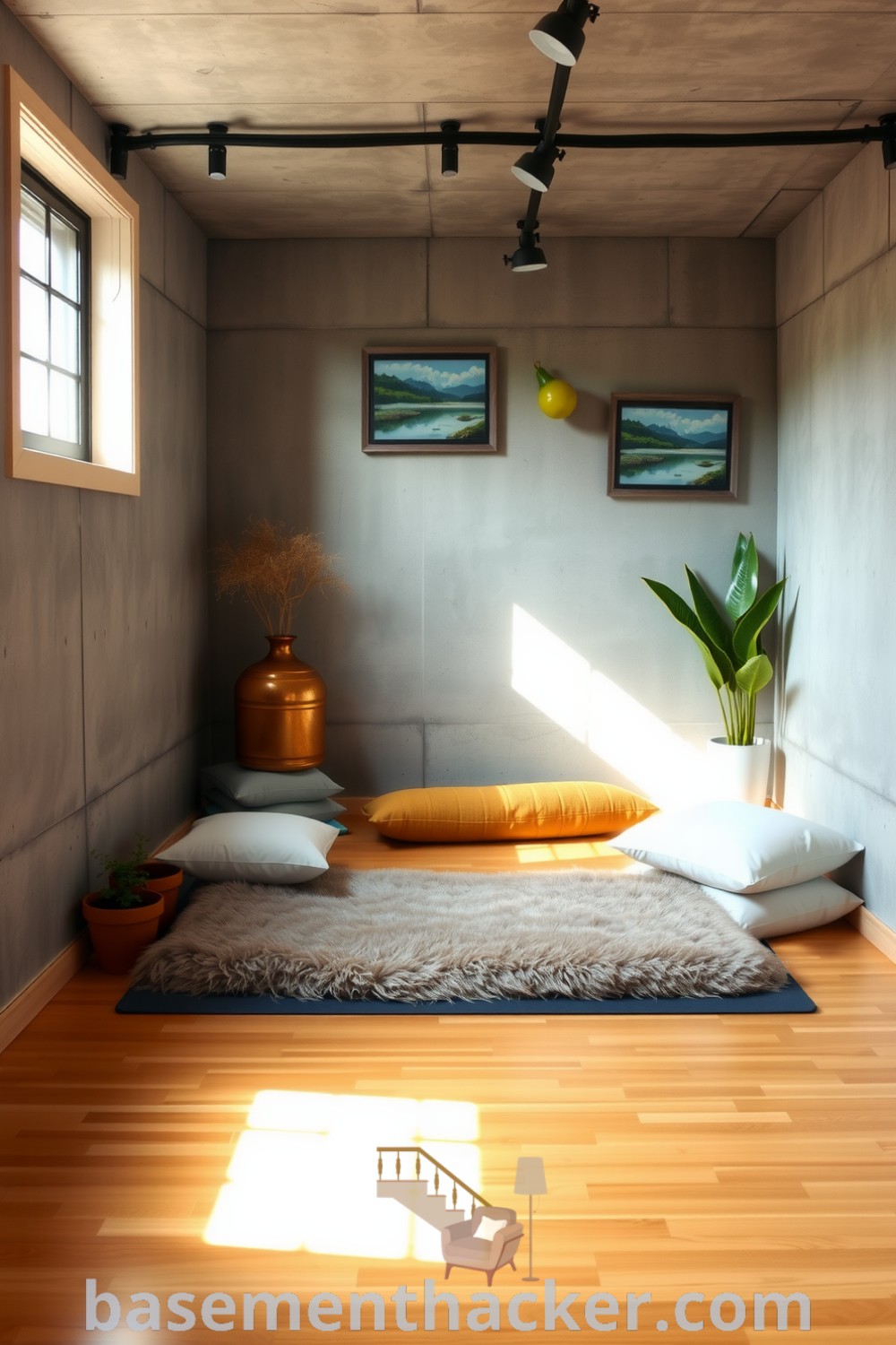 Serene yoga and stretching space in a basement featuring bamboo flooring, a plush mat, stacked cushions, potted plants, and calming artwork on exposed concrete walls, highlighted on basementhacker.com.