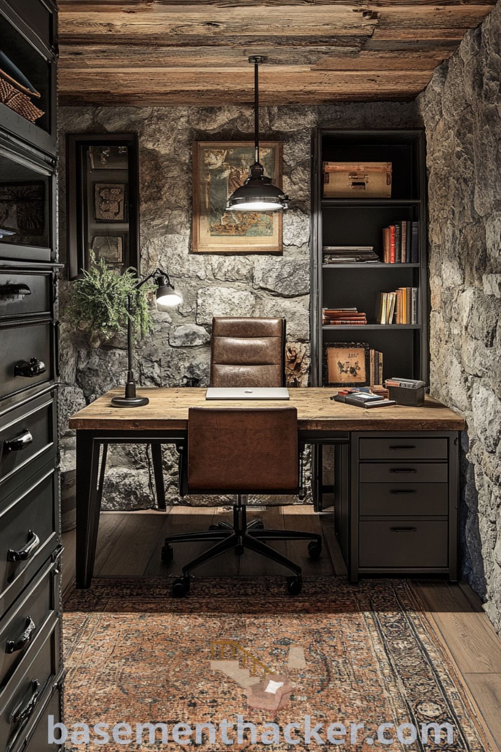 Stylish basement office featuring a sturdy wooden desk against exposed stone walls, natural light, metal filing cabinets, and decorative shelves with books and trinkets, ideal for a cozy and organized home design, showcased on basementhacker.com.