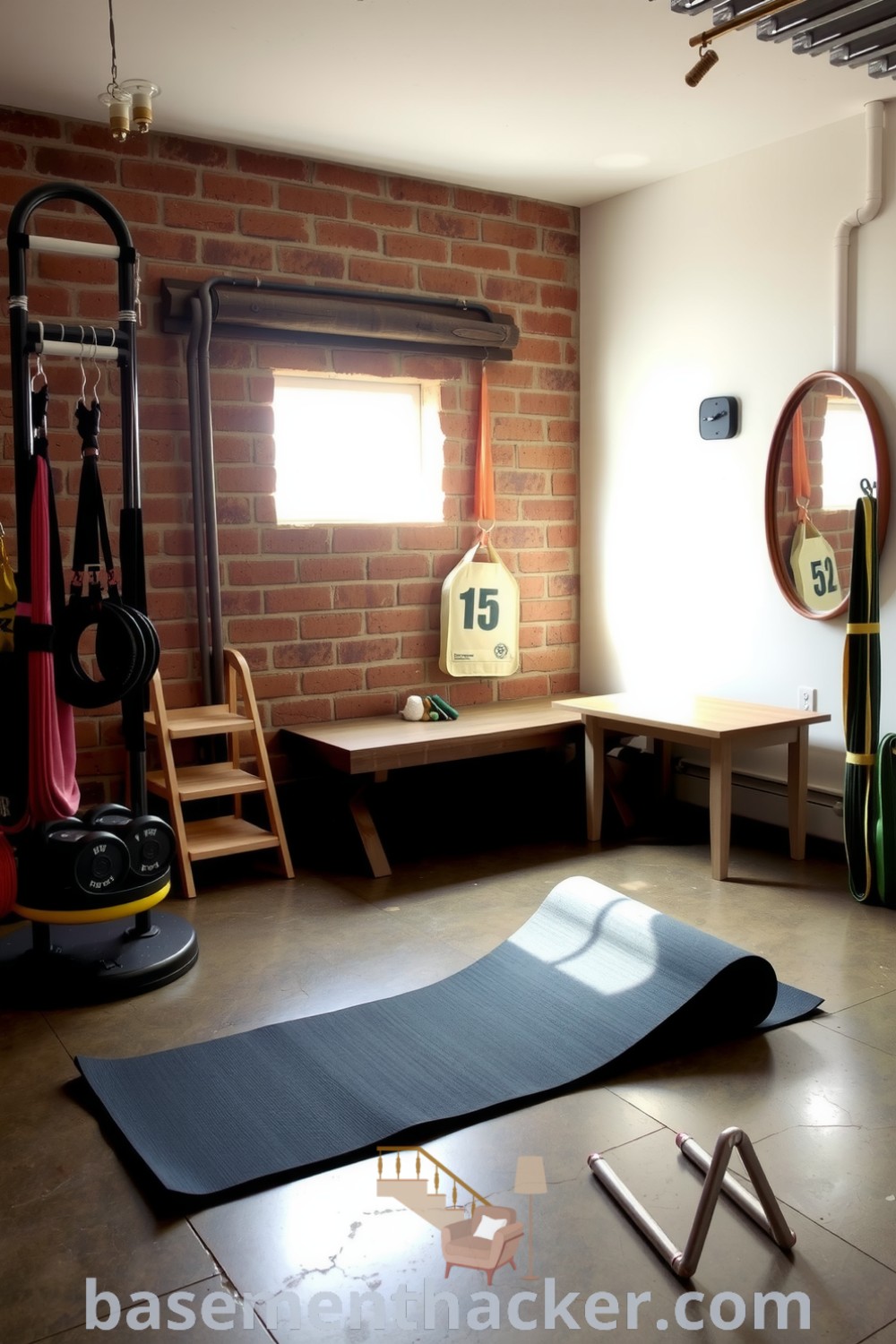 Warm and motivating basement fitness area with exposed brick walls, concrete flooring, organized equipment, and natural light flowing through high-set windows, highlighted on basementhacker.com.