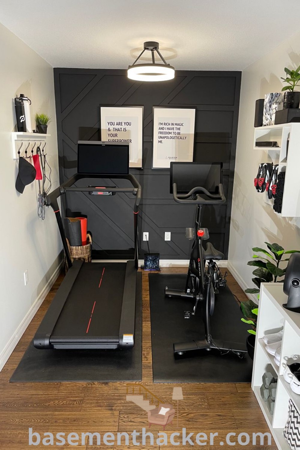 A stylish home gym designed for small spaces, featuring treadmills, exercise mats, and innovative storage solutions for a functional and inviting workout area. This exercise nook exemplifies creative design ideas for a cozy and organized home, perfect for maximizing space in a basement or craft room. More inspiring ideas can be found at basementhacker.com.