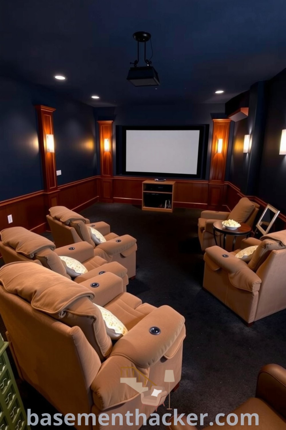 Cozy basement cinema room with oversized recliners, large projection screen, and navy walls featuring warm wooden accents, perfect for ultimate entertaining. Discover innovative ideas for designing stylish bonus spaces on basementhacker.com.