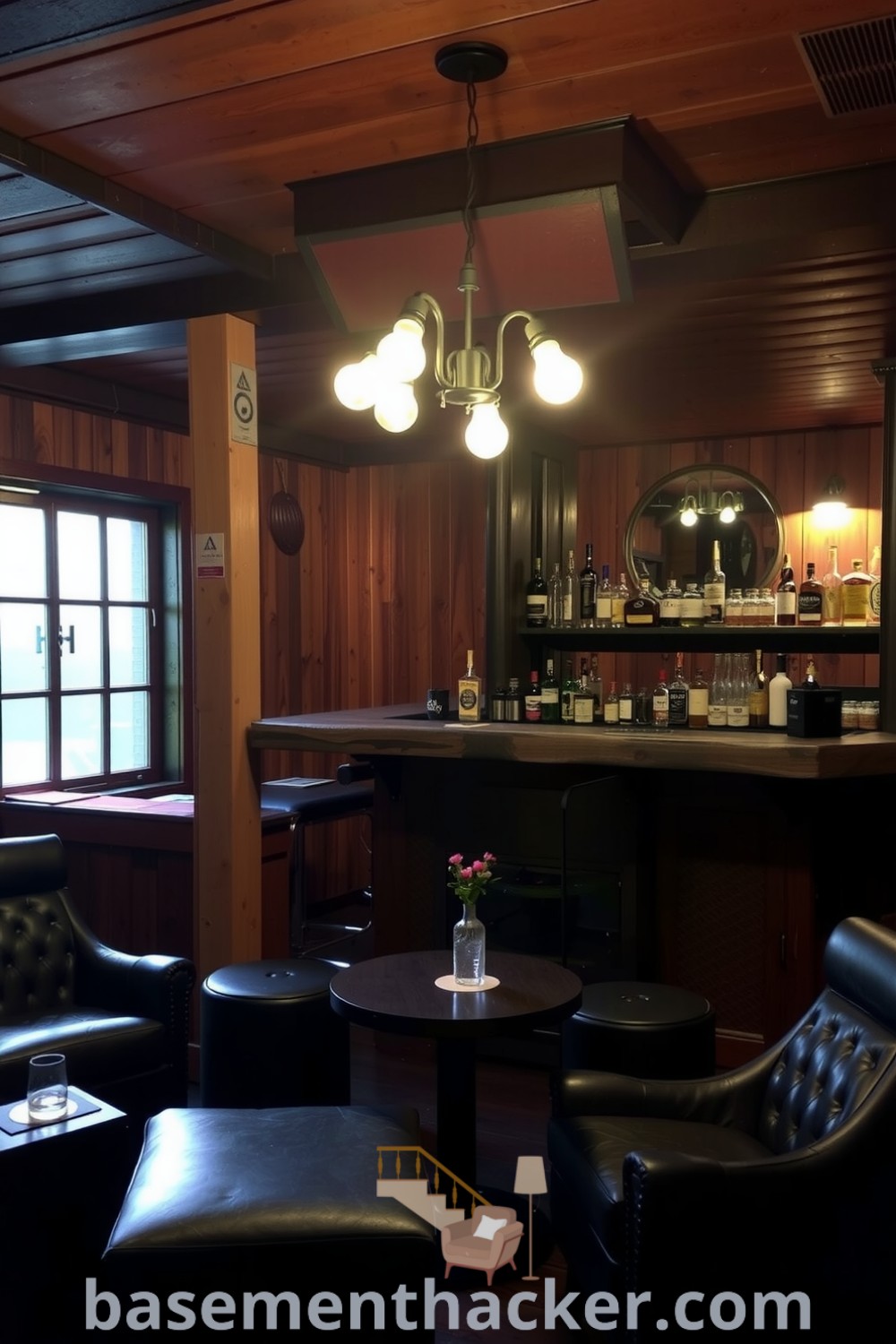 Inviting basement with rich wooden paneling, a reclaimed wood bar, and worn leather chairs ideal for intimate gatherings and stylish bonus room design ideas, featured on basementhacker.com.