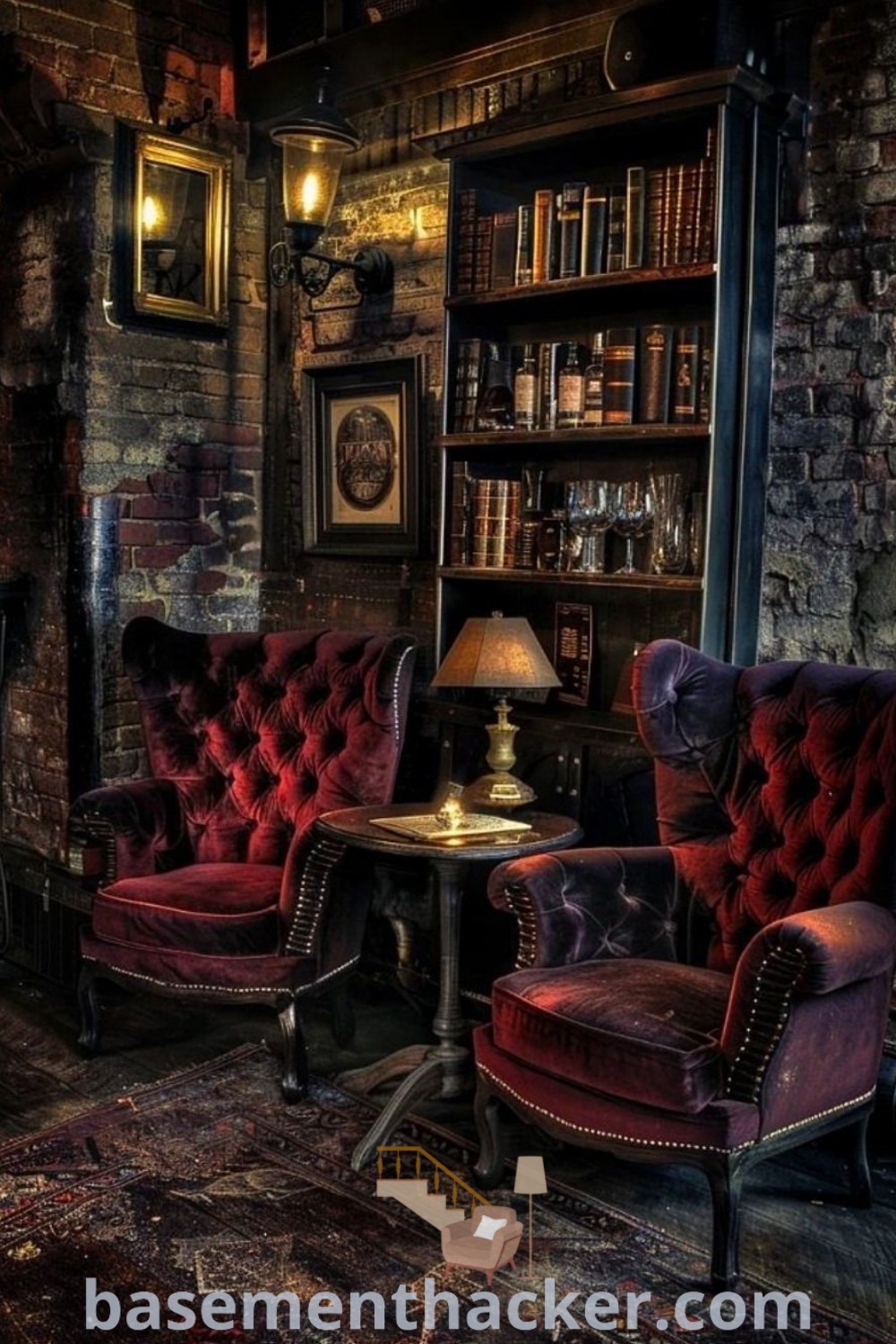 An old-fashioned room featuring two chairs and a table, exuding vintage speakeasy aesthetics perfect for basement makeovers. The decor offers innovative ideas for designing a cozy whiskey nook and serves as inspiration for stylish and functional home design. Find more creative decorating ideas at basementhacker.com.