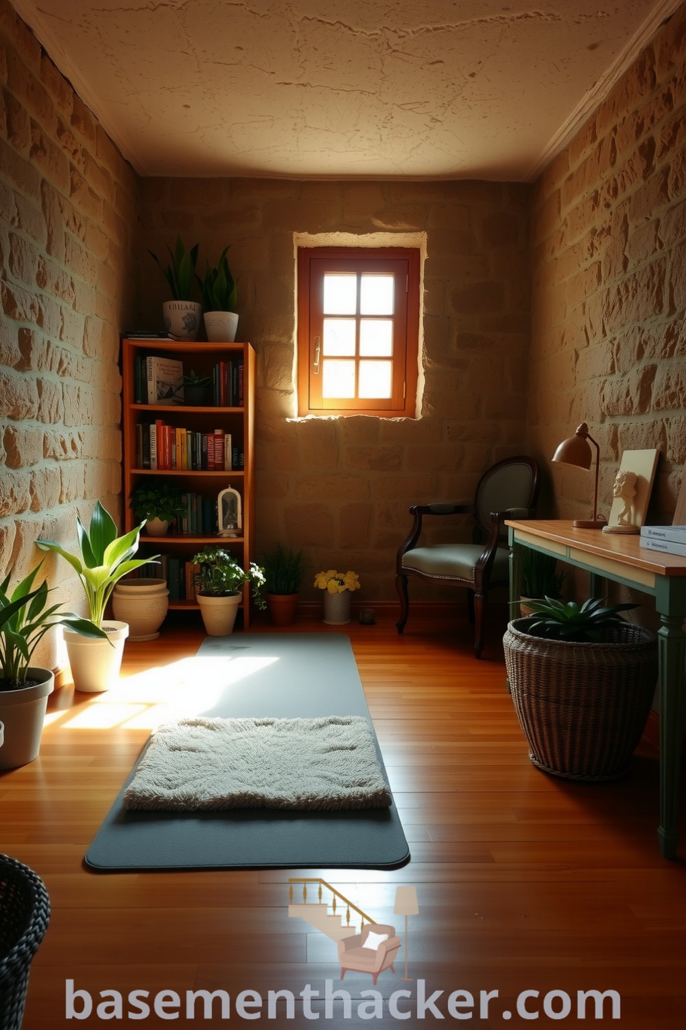 Cozy basement yoga sanctuary featuring warm wooden floors, potted plants, a plush yoga mat, and a vintage chair, ideal for mindfulness and wellness, highlighted with innovative ideas for a stylish bonus space on basementhacker.com.