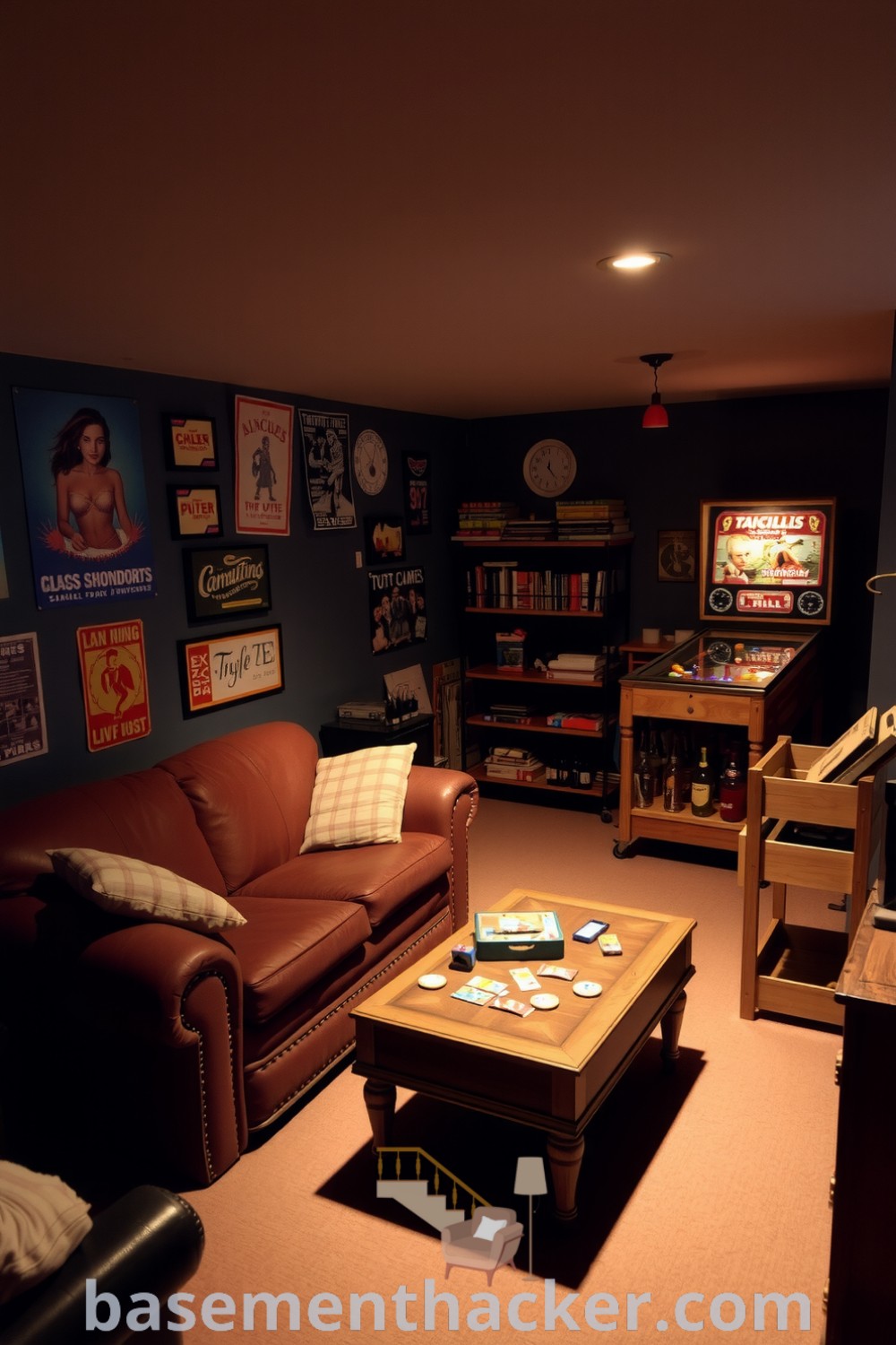 Worn leather couch and vintage coffee table in a cozy basement game room with retro posters, snacks, and a bar cart, perfect for ultimate entertaining, featured on basementhacker.com.