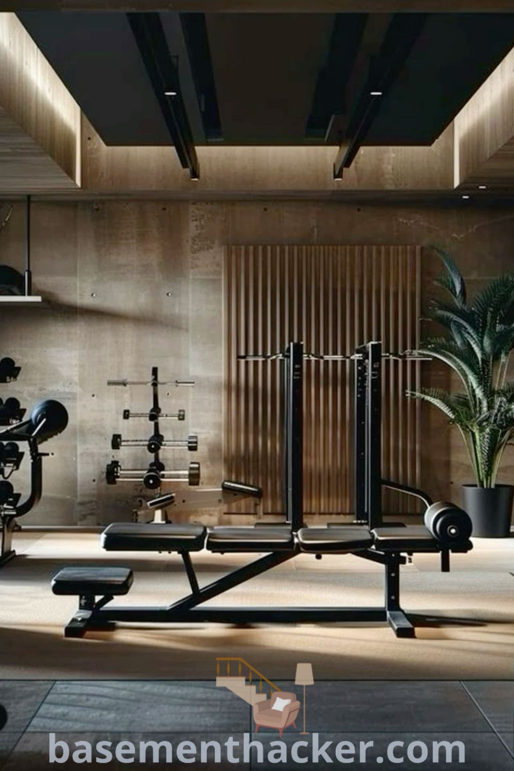 A luxury home gym featuring several exercise machines in the corner and a potted plant, creating an inviting atmosphere for fitness enthusiasts. This design exemplifies the best basement remodeling ideas for a stylish and functional home, perfect for ultimate entertaining. Explore more ideas at basementhacker.com.
