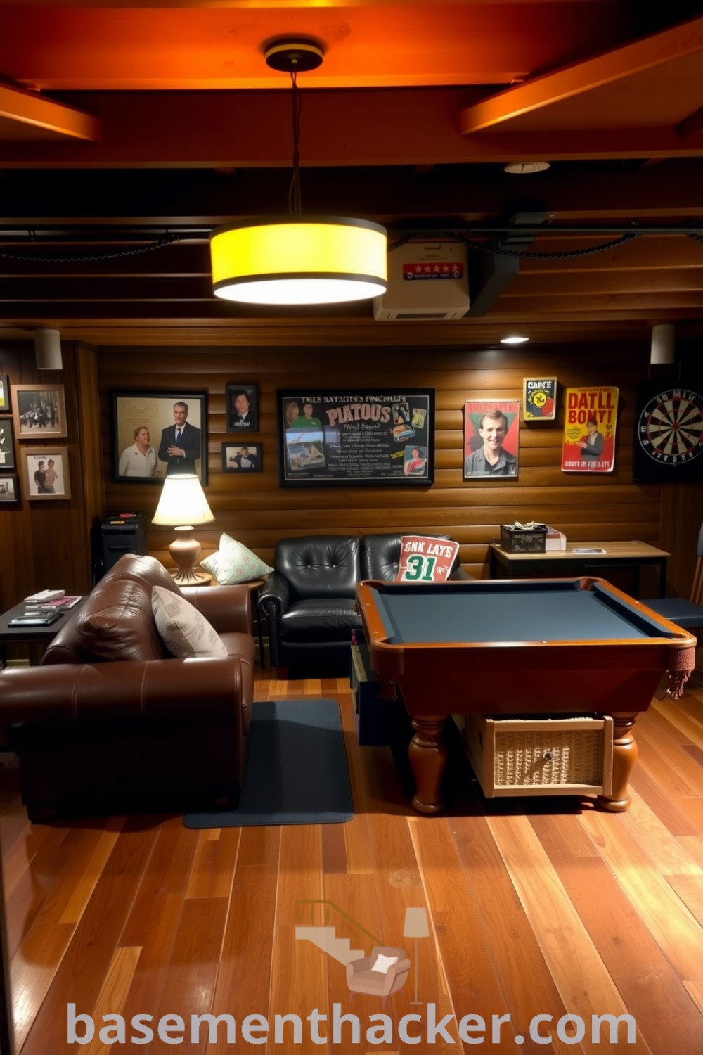 Warm and inviting basement game room featuring a leather couch, rustic coffee table, vintage decor, dartboard, and pool table, designed for ultimate entertaining and relaxation, on basementhacker.com.