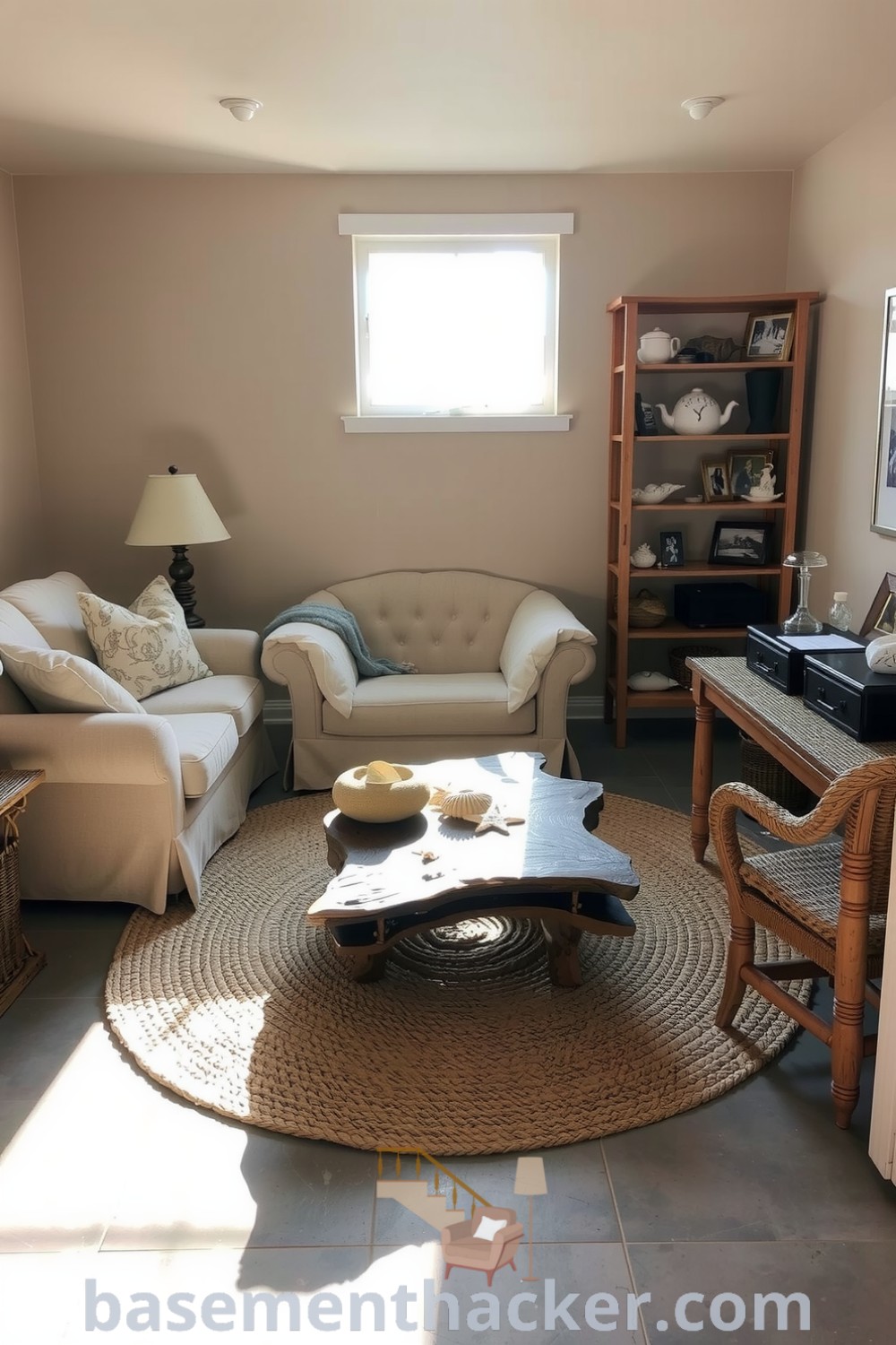 Coastal basement living room with sandy walls, plush sofa, and nautical decor, designed for a cozy and organized home, perfect for ultimate entertaining, featured on basementhacker.com.