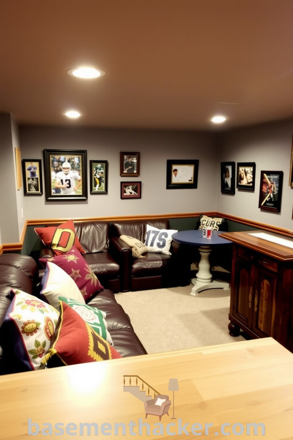 Cozy basement game room with a leather couch, rustic bar, and decorated walls for a stylish and functional home design, featured on basementhacker.com.