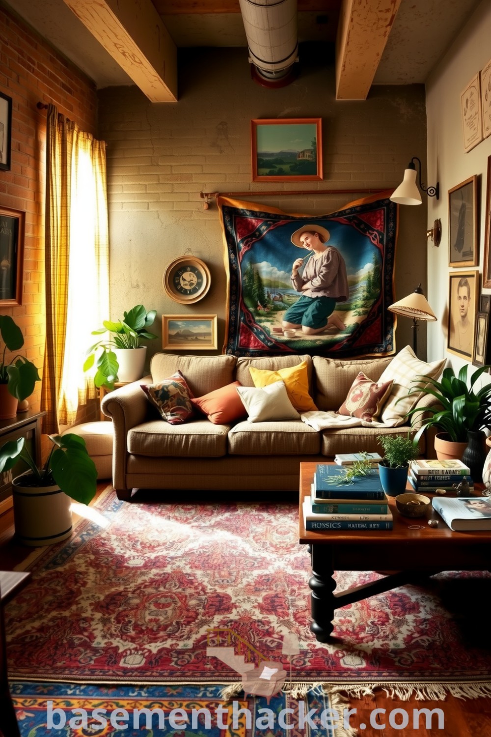 Cozy Bohemian basement living room featuring a low couch with mismatched cushions, exposed brick walls, vintage tapestries, ambient lighting, and potted plants, perfect for innovative basement makeover ideas for a stunning revamp showcased on basementhacker.com.