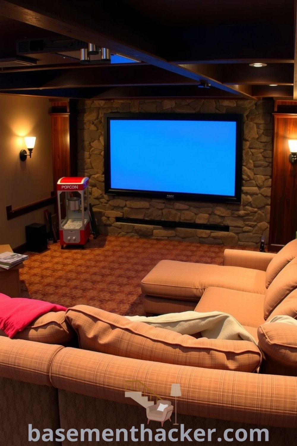 Inviting basement home theater with plush semicircular couch, ambient lighting, and popcorn machine, perfect for family movie nights, showcased on basementhacker.com.