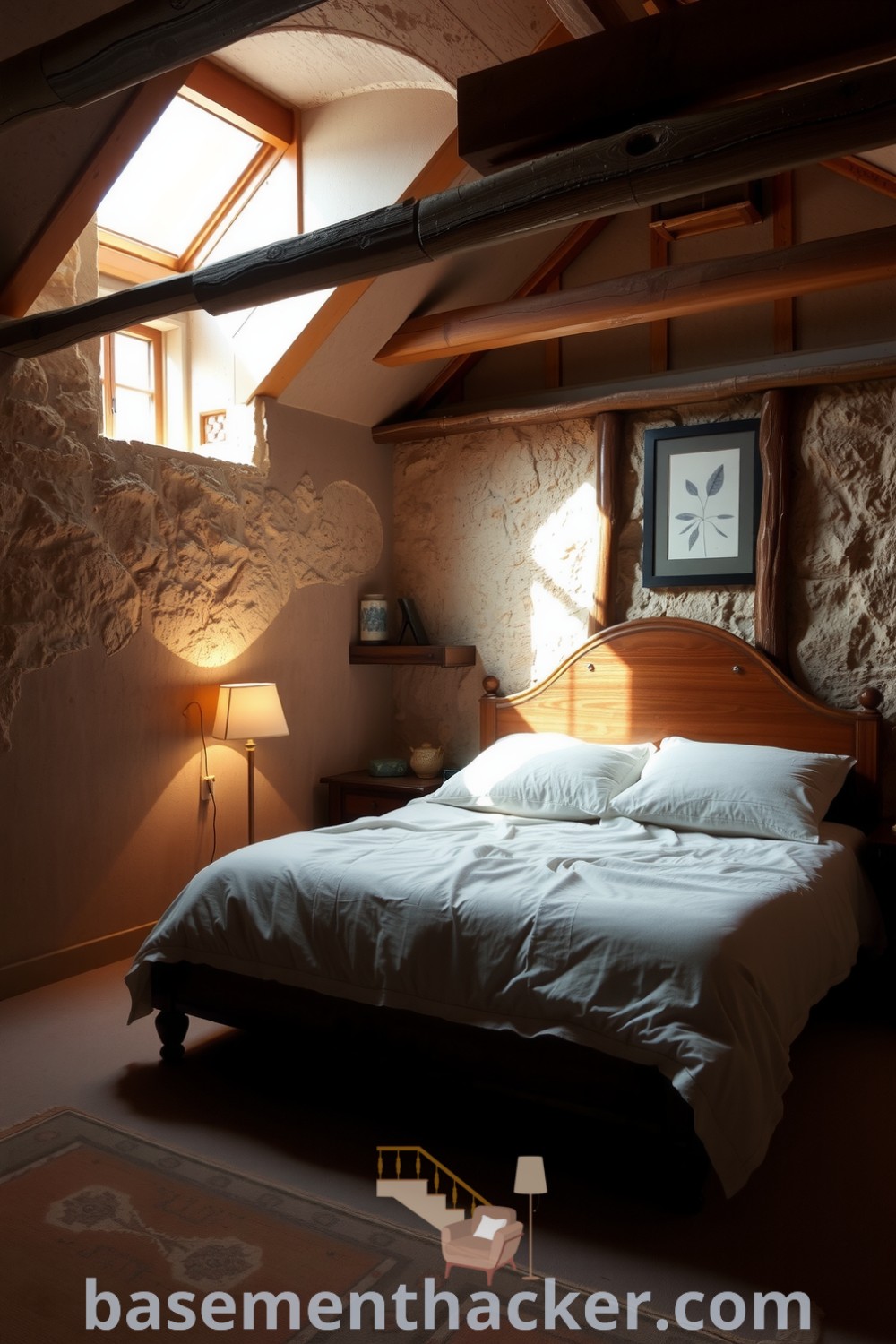 Tranquil and inviting basement master bedroom featuring stone walls, wooden beams, an oversized bed with linen, and a cozy lamp, showcased on basementhacker.com.